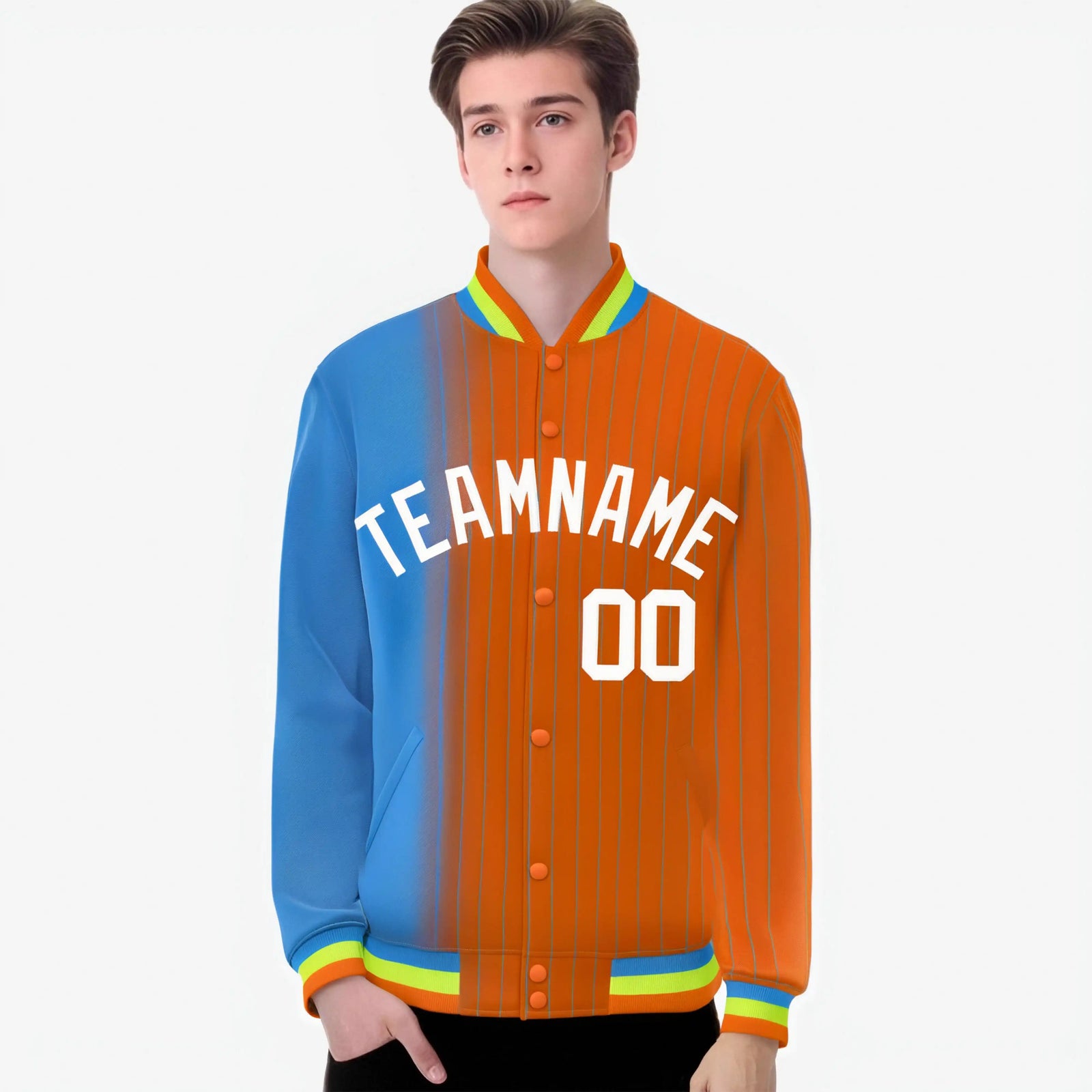 Custom Orange Powder Blue Pinstripe White-Powder Blue Gradient Fashion Varsity Full-Snap Jacket