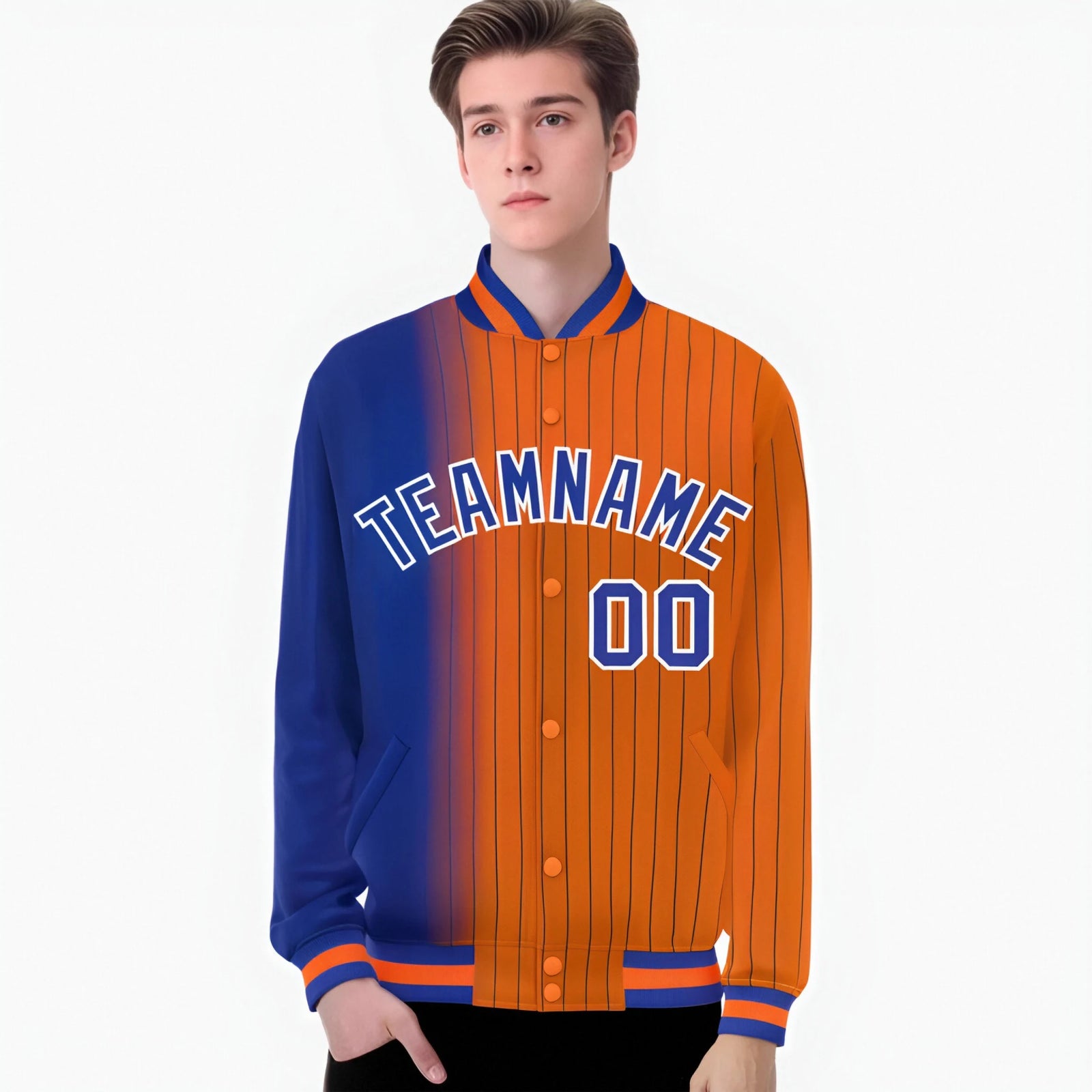 Custom Orange Royal Blue Pinstripe White-Royal Blue Gradient Fashion Varsity Full-Snap Jacket