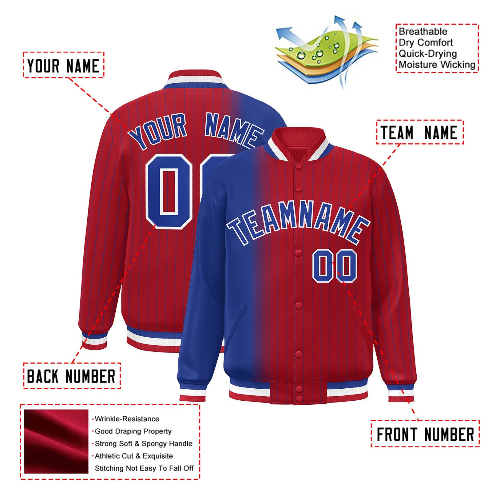 Custom Red Royal Blue Pinstripe White-Royal Blue Gradient Fashion Varsity Full-Snap Jacket