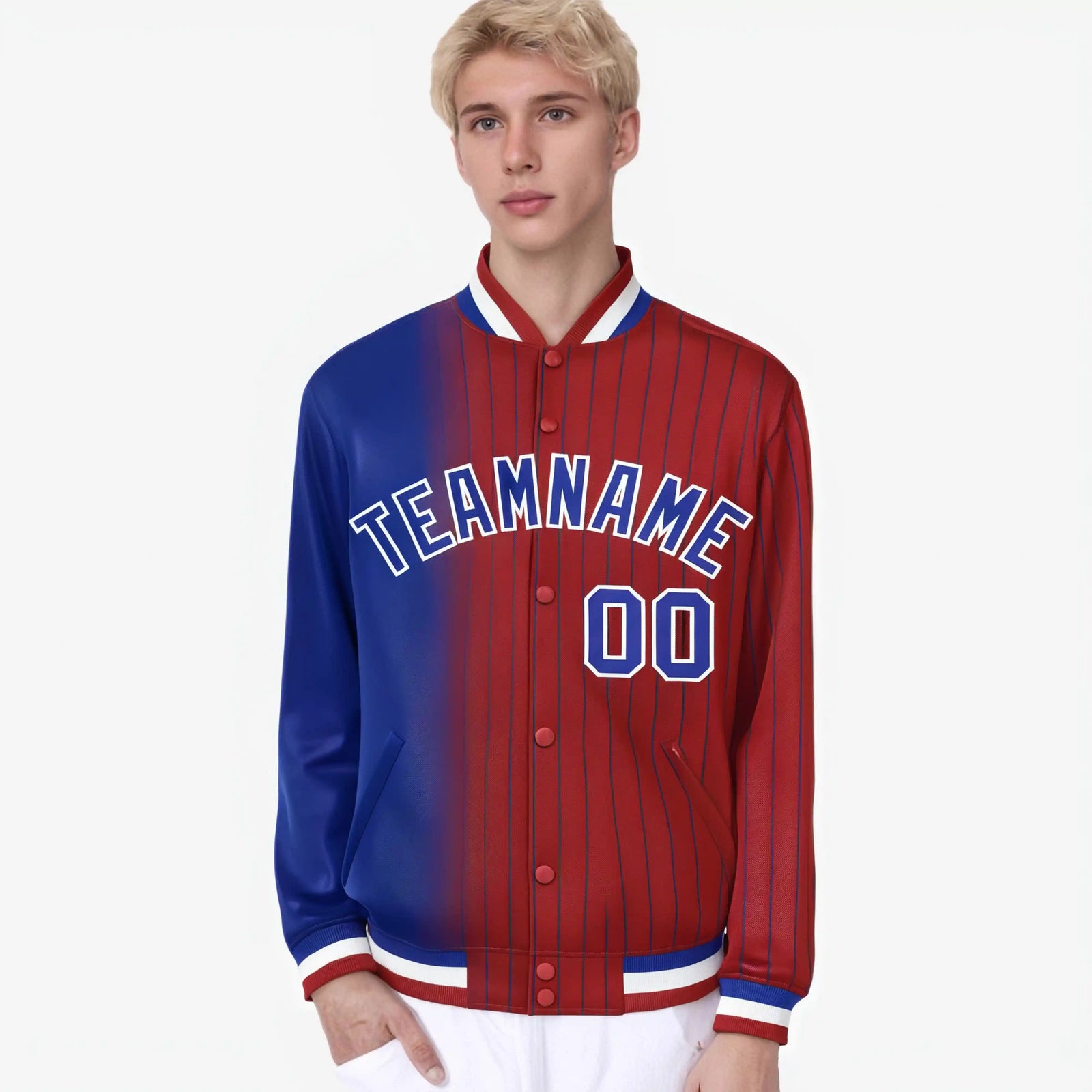 Custom Red Royal Blue Pinstripe White-Royal Blue Gradient Fashion Varsity Full-Snap Jacket