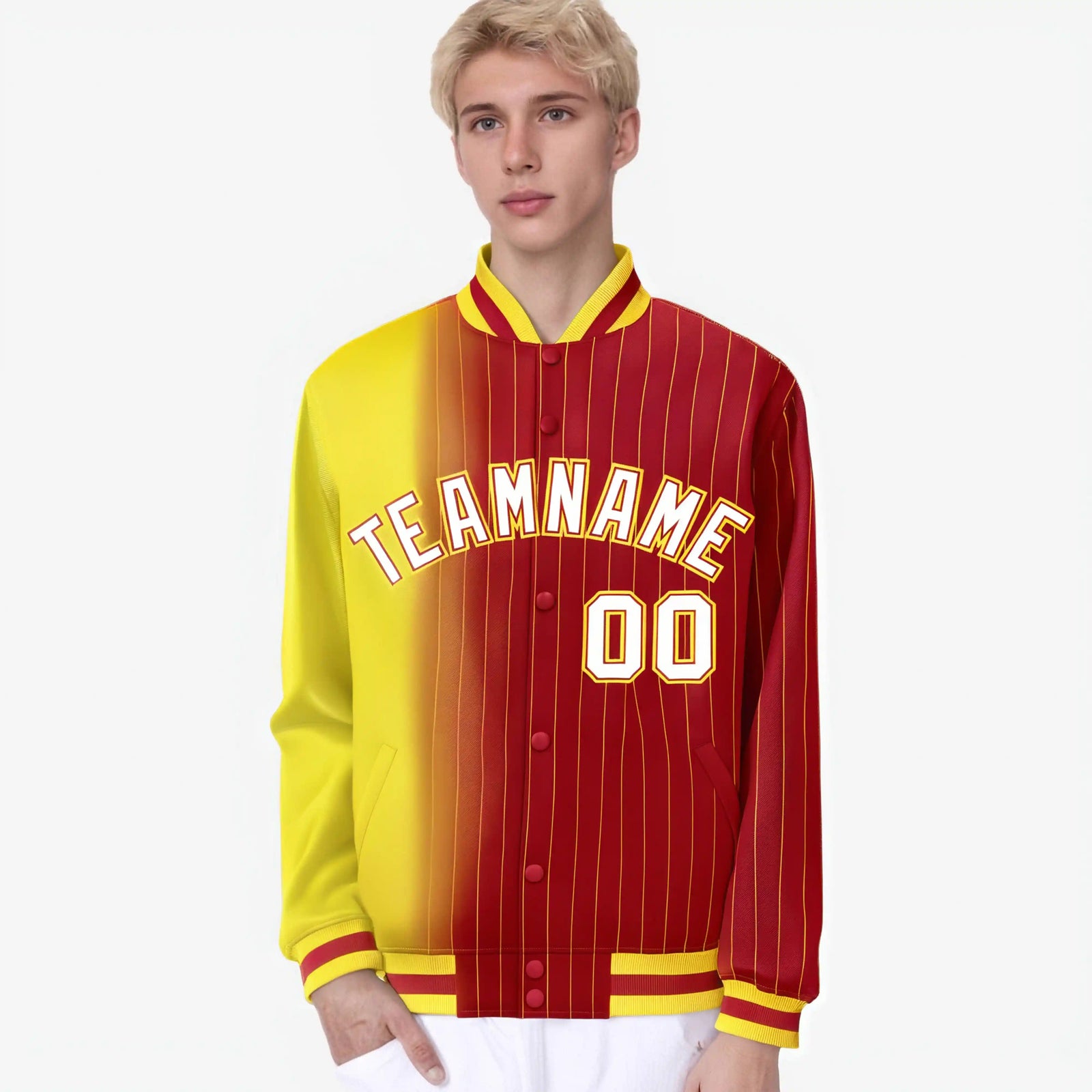 Custom Red Gold Pinstripe White-Gold Gradient Fashion Varsity Full-Snap Jacket
