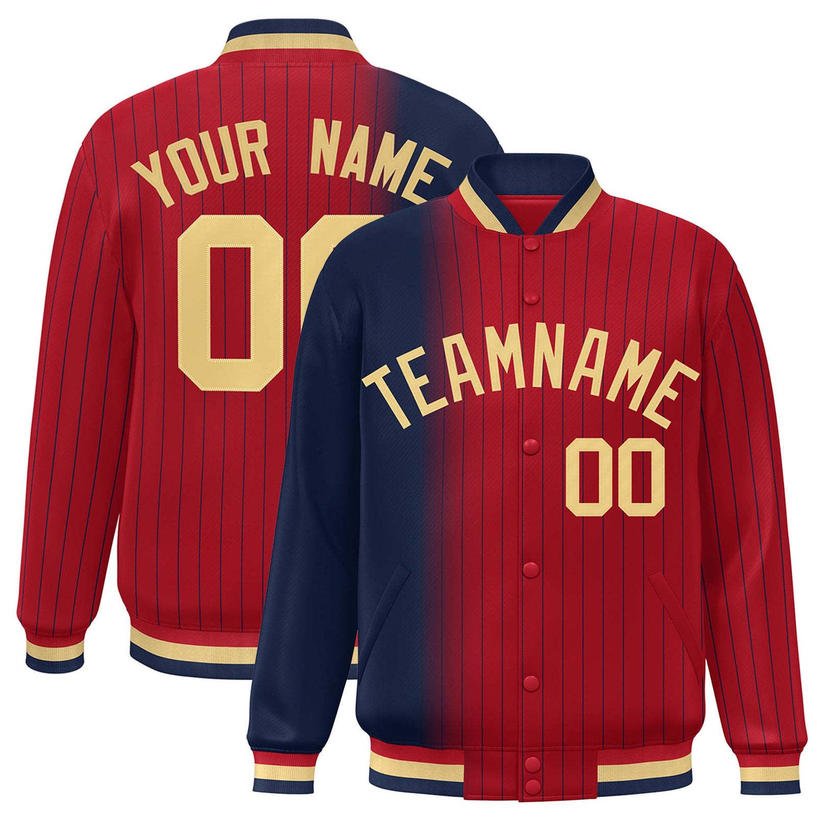 Custom Red Navy Pinstripe Old Gold-Navy Gradient Fashion Varsity Full-Snap Jacket