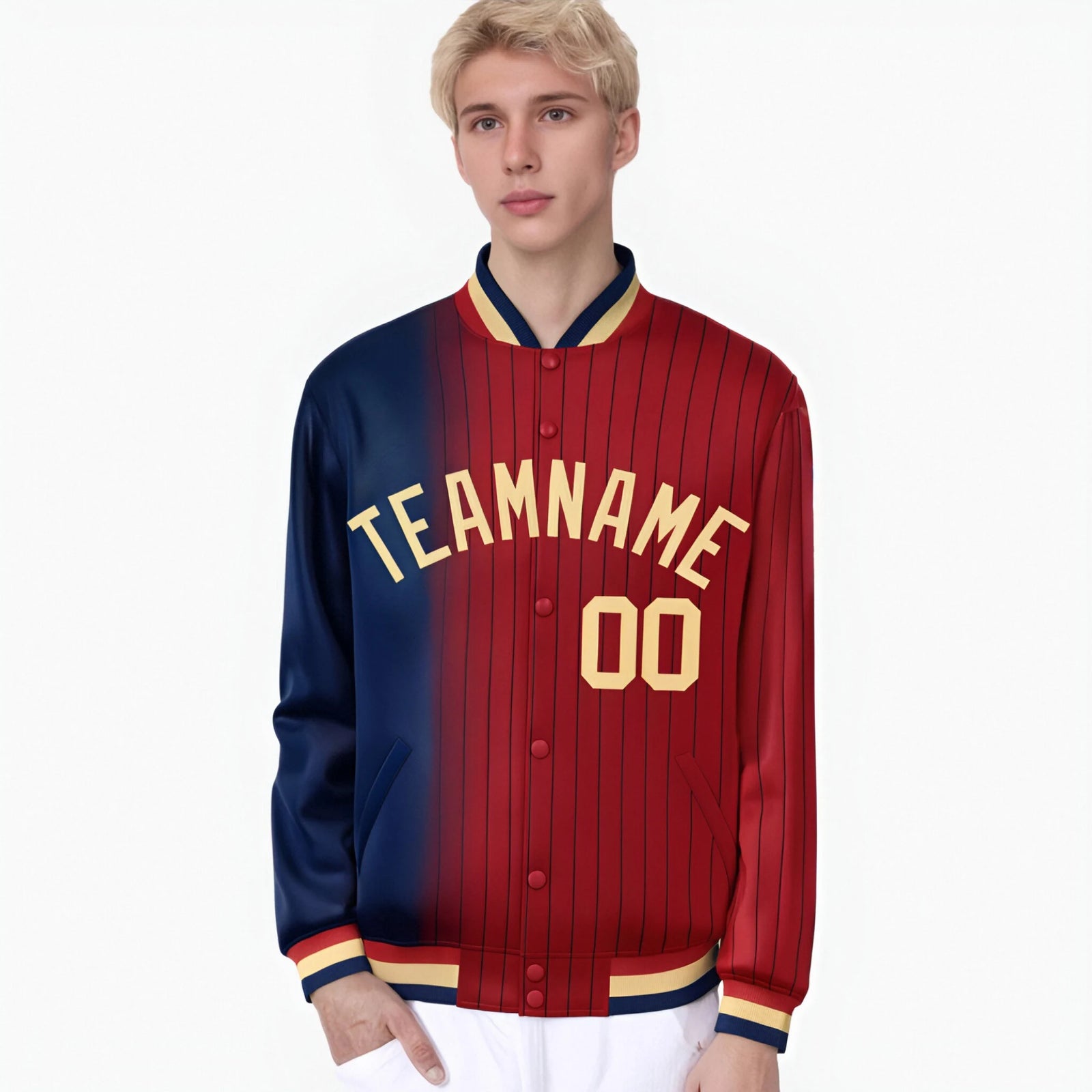 Custom Red Navy Pinstripe Old Gold-Navy Gradient Fashion Varsity Full-Snap Jacket