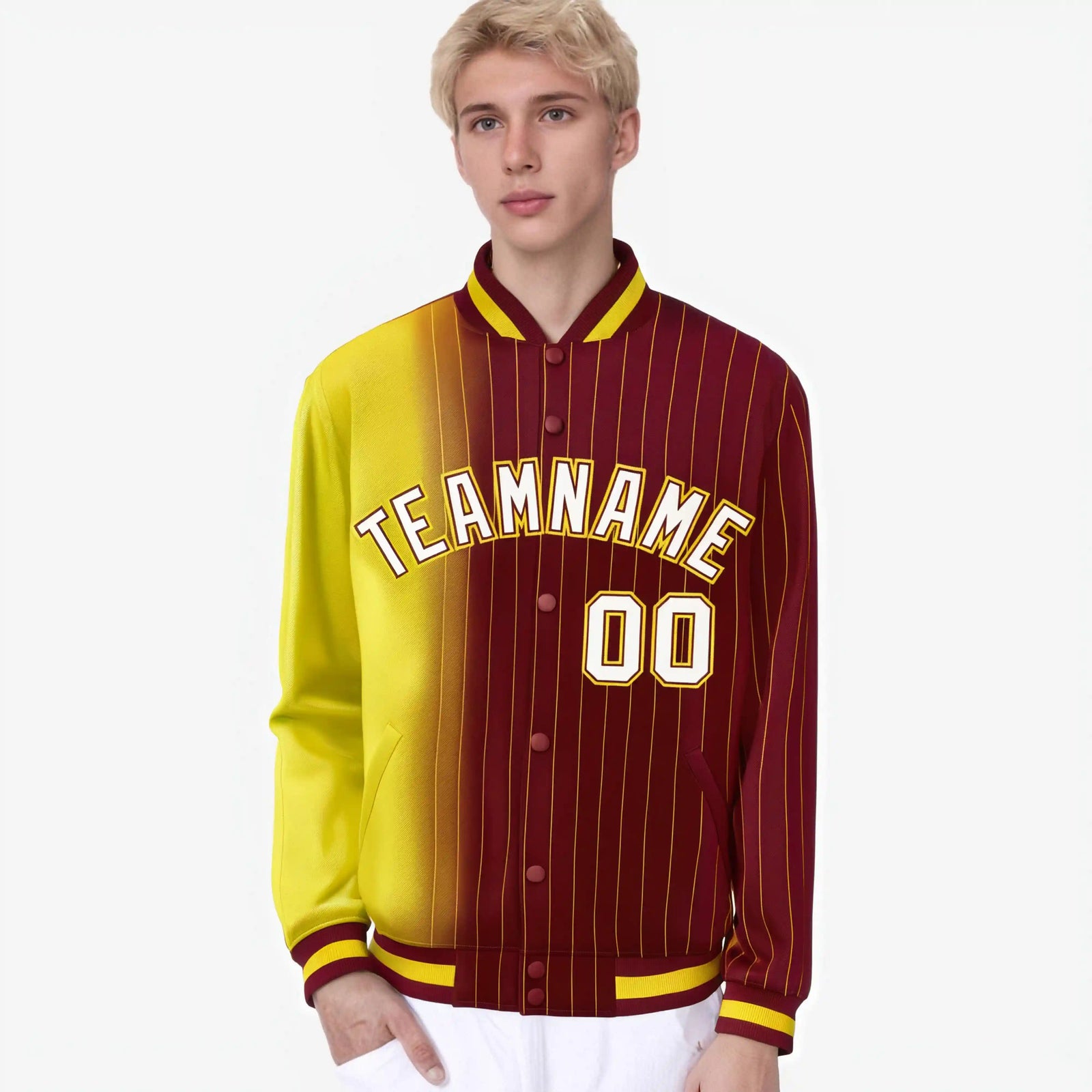 Custom Crimson Gold Pinstripe White-Gold Gradient Fashion Varsity Full-Snap Jacket