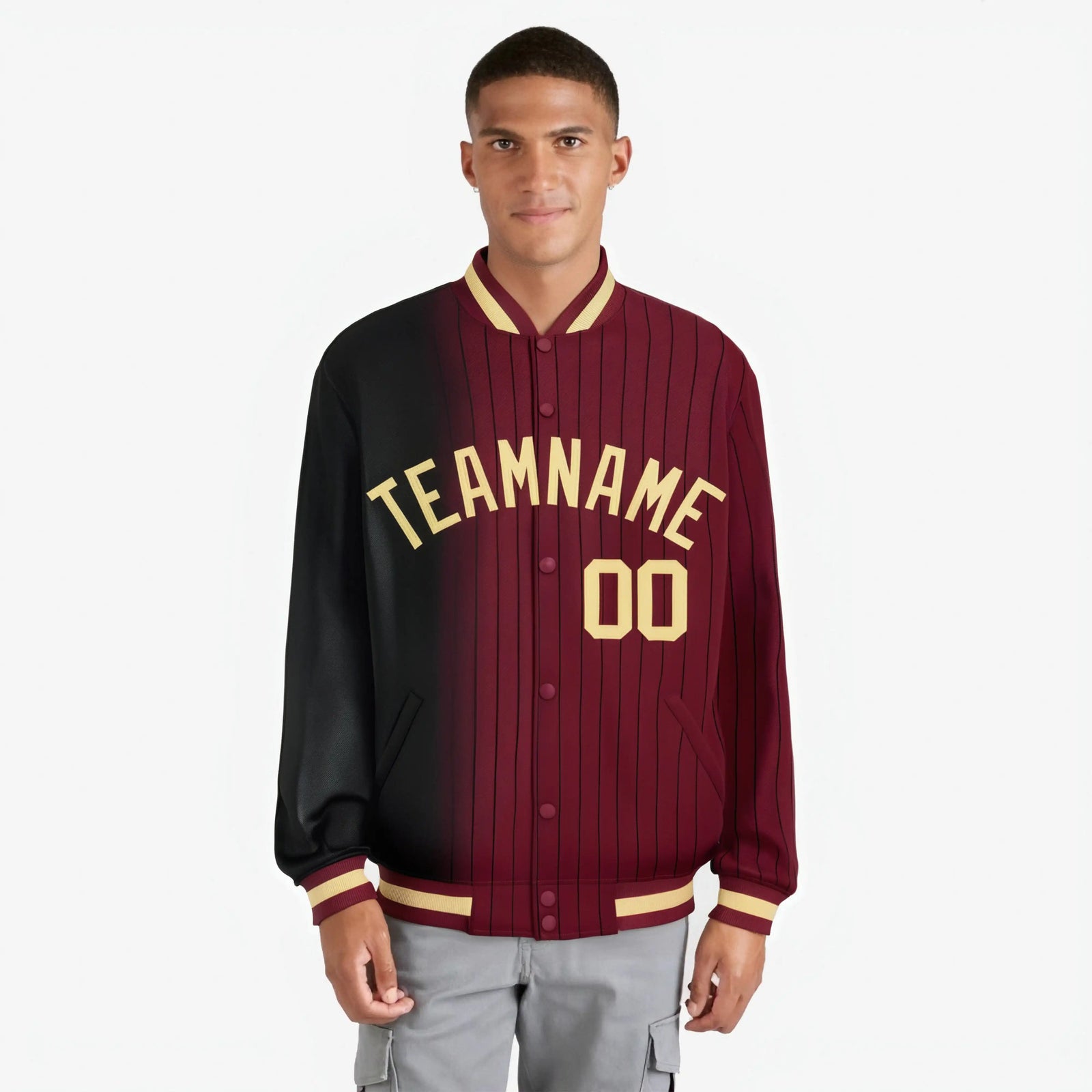 Custom Crimson Black Pinstripe Old Gold-Black Gradient Fashion Varsity Full-Snap Jacket