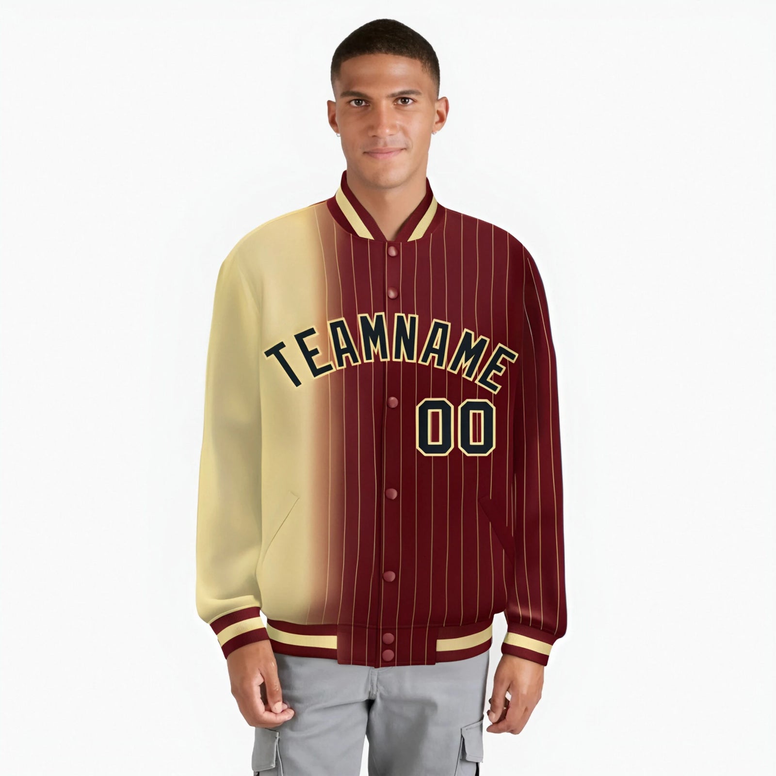 Custom Crimson Khaki Pinstripe Black-Khaki Gradient Fashion Varsity Full-Snap Jacket
