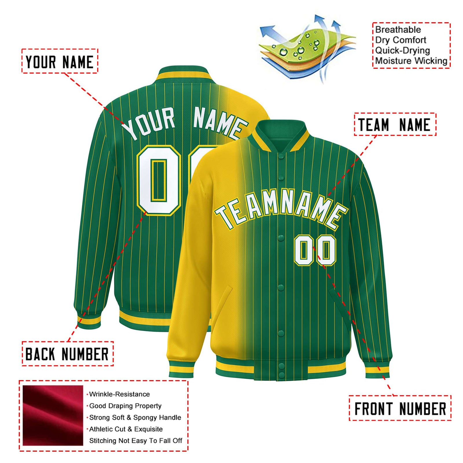 Custom Kelly Green Gold Pinstripe White-Gold Gradient Fashion Varsity Full-Snap Jacket