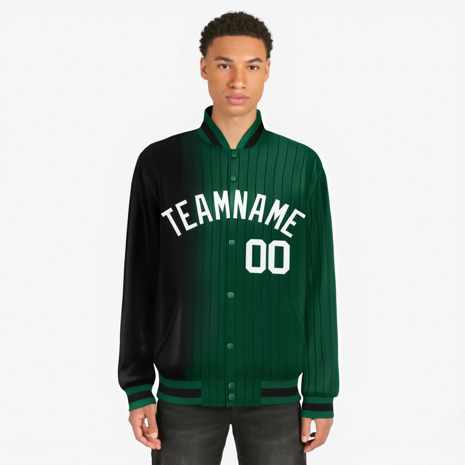 Custom Green Black Pinstripe White-Black Gradient Fashion Varsity Full-Snap Jacket
