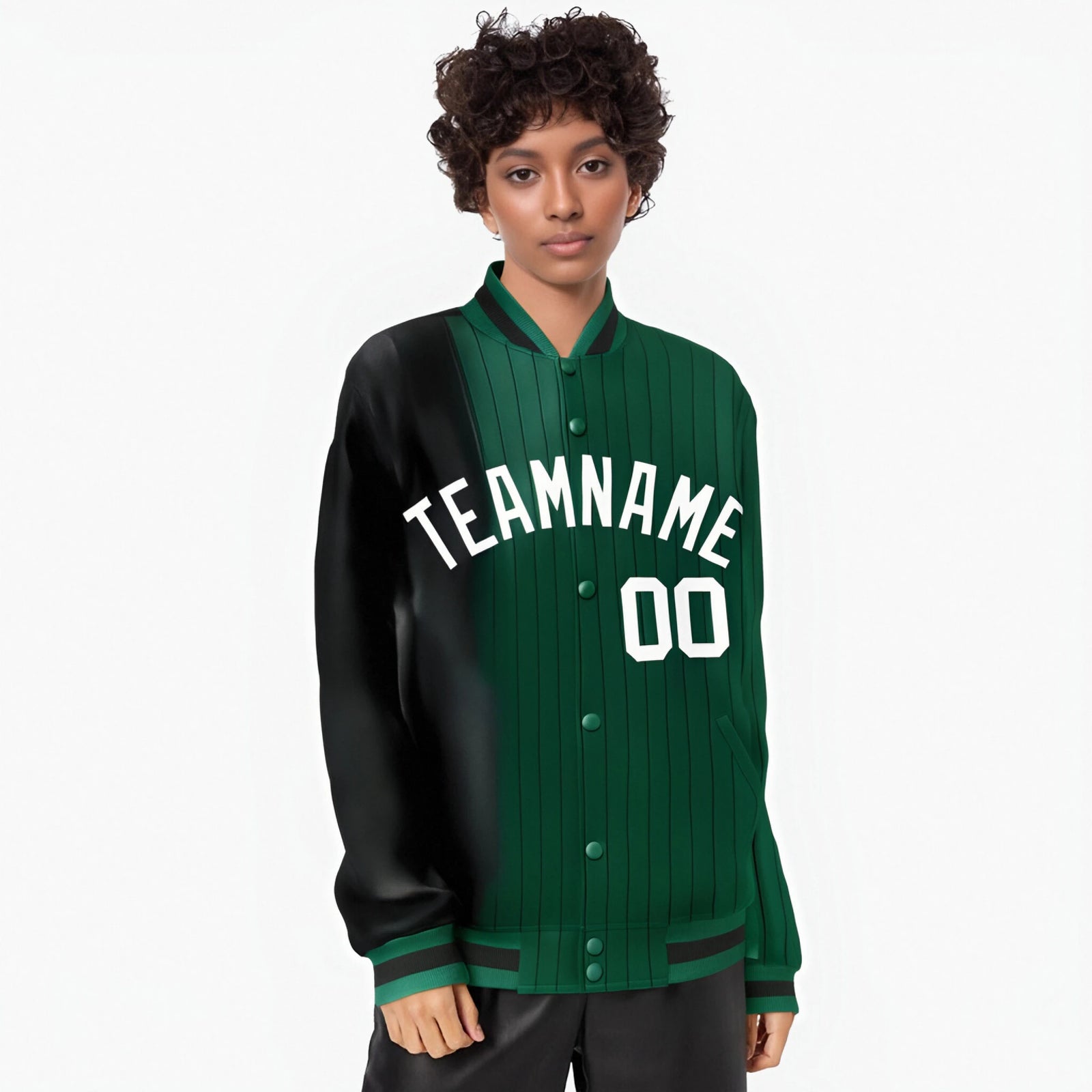 Custom Green Black Pinstripe White-Black Gradient Fashion Varsity Full-Snap Jacket