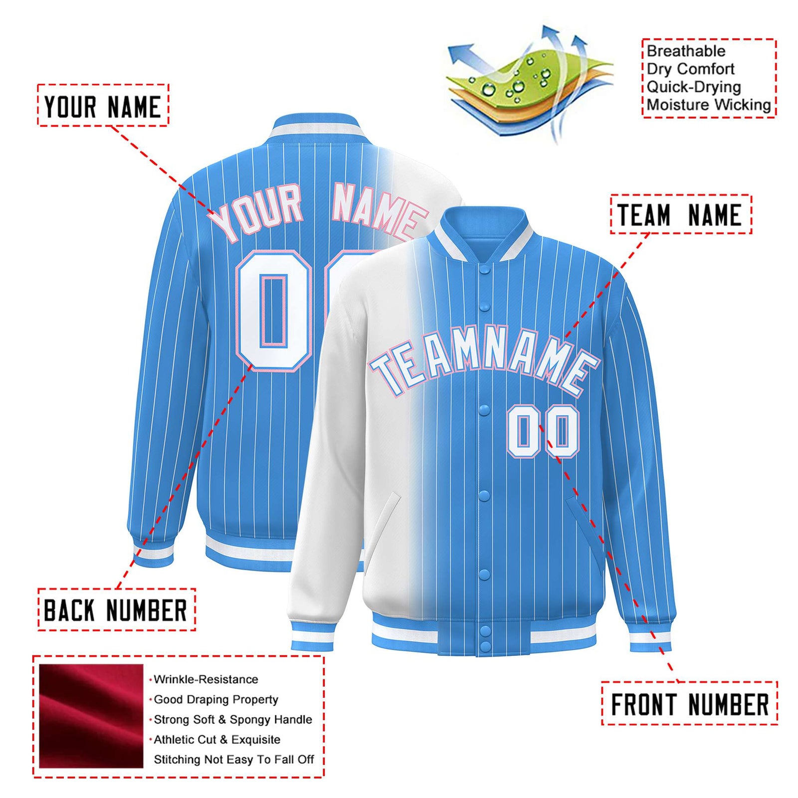 Custom Powder Blue White Pinstripe Powder Blue-White Gradient Fashion Varsity Full-Snap Jacket