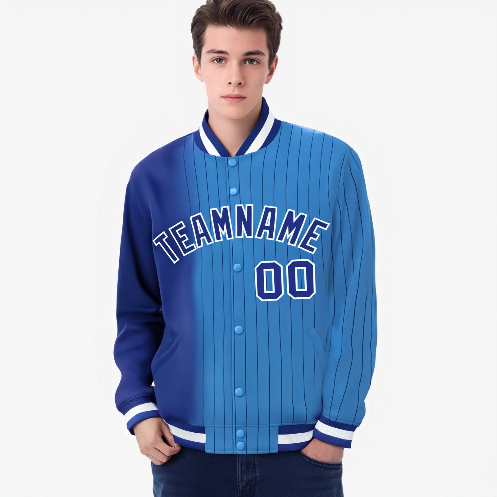 Custom Powder Blue Royal-Blue Pinstripe White-Royal Blue Gradient Fashion Varsity Full-Snap Jacket