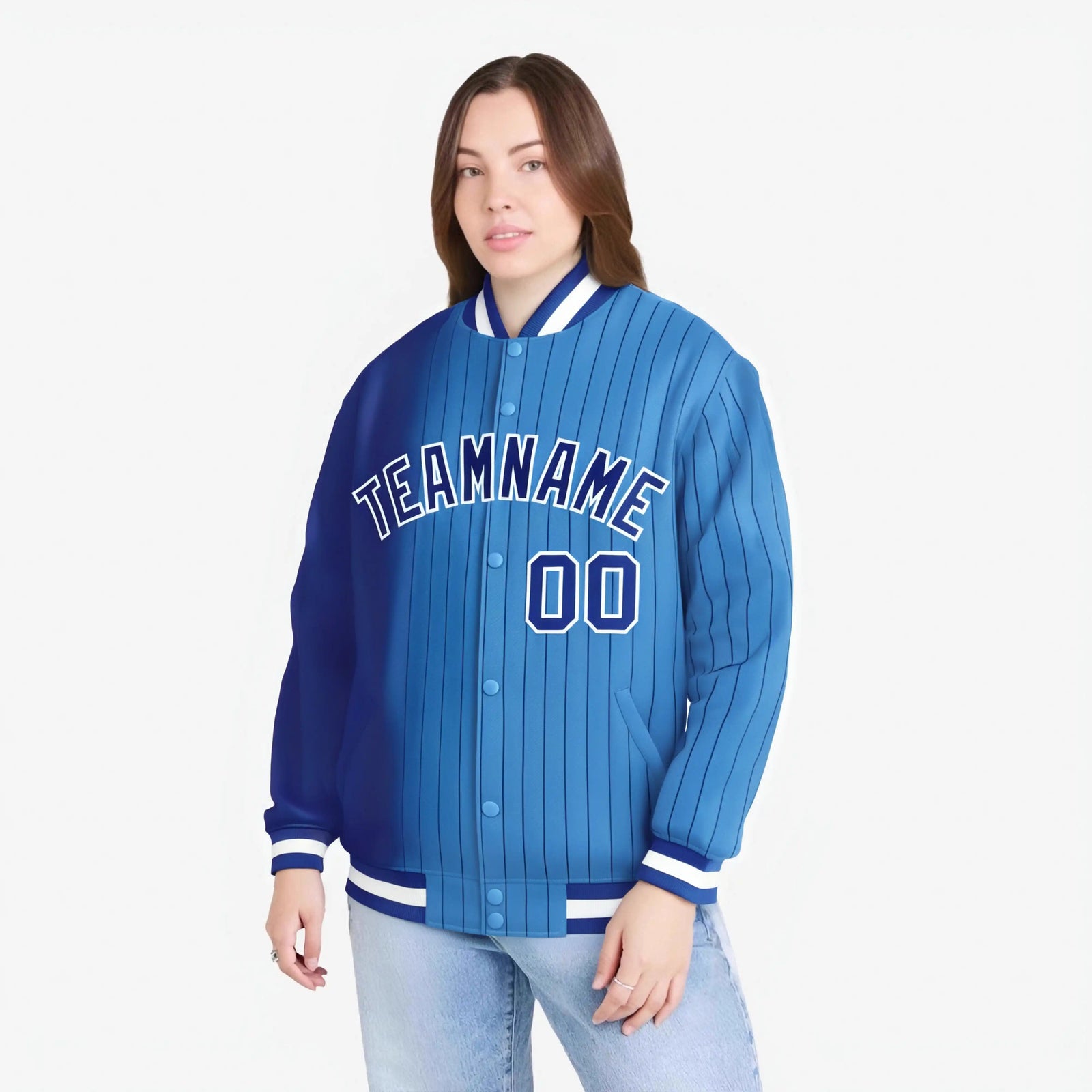 Custom Powder Blue Royal-Blue Pinstripe White-Royal Blue Gradient Fashion Varsity Full-Snap Jacket