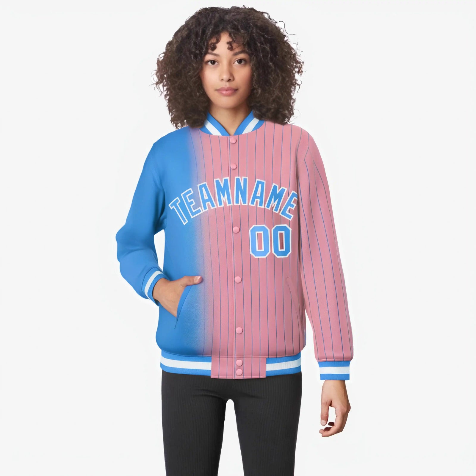 Custom Light Pink Powder-Blue Pinstripe White-Powder Blue Gradient Fashion Varsity Full-Snap Jacket