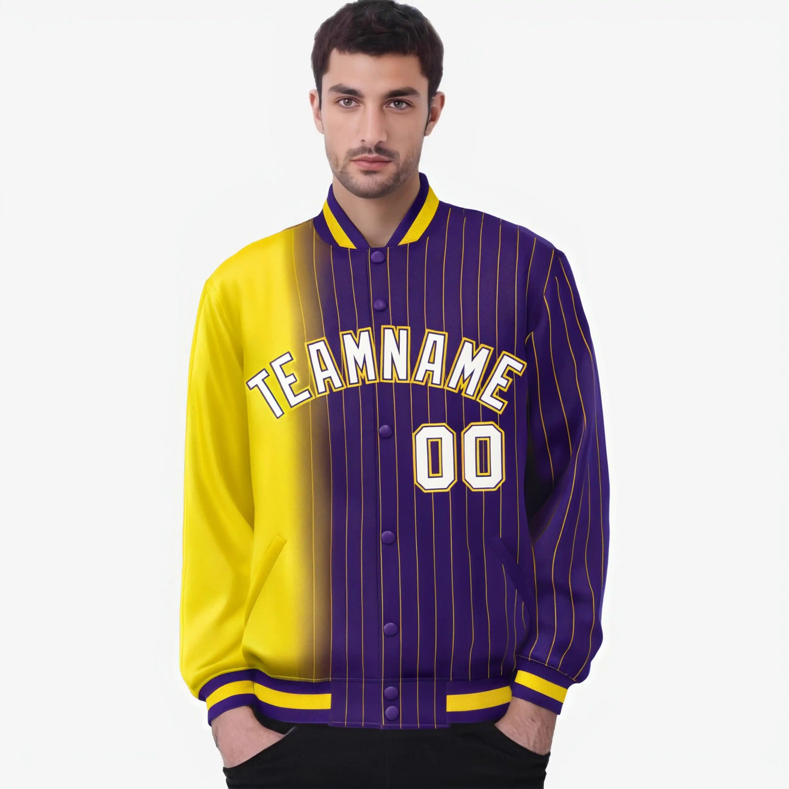 Custom Purple Gold Pinstripe White-Gold Gradient Fashion Varsity Full-Snap Jacket