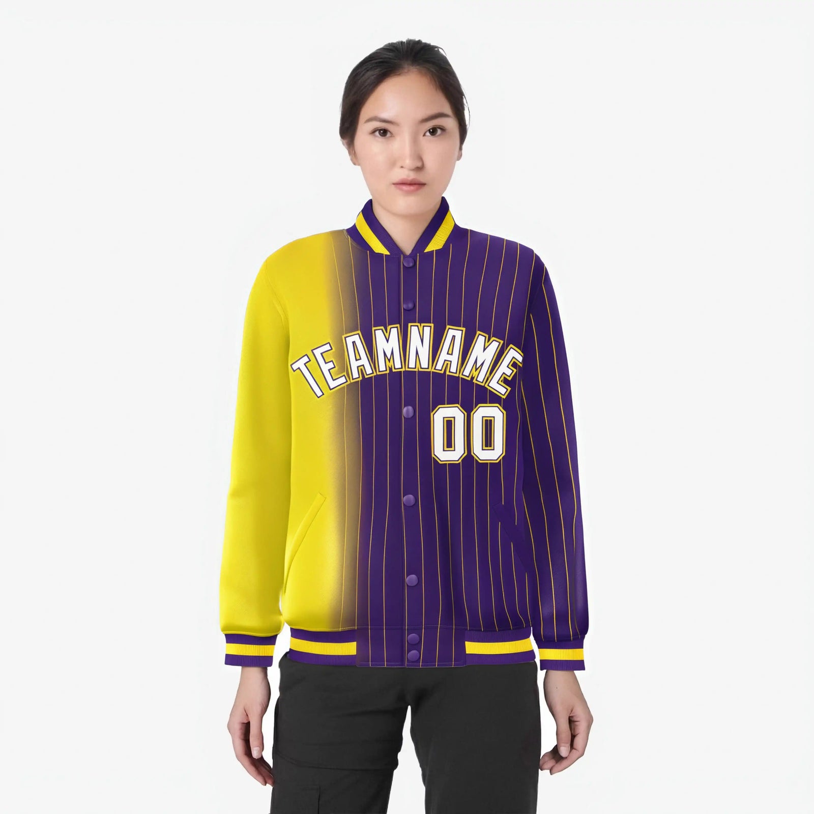 Custom Purple Gold Pinstripe White-Gold Gradient Fashion Varsity Full-Snap Jacket