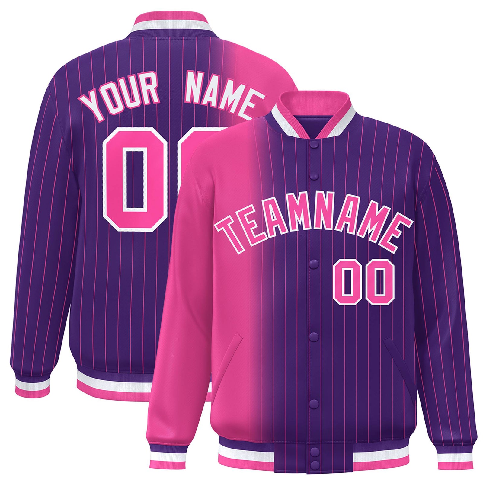 Custom Purple Pink Pinstripe White-Pink Gradient Fashion Varsity Full-Snap Jacket