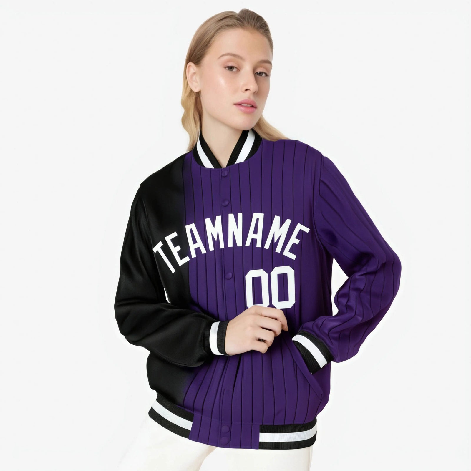 Custom Purple Black Pinstripe White-Black Gradient Fashion Varsity Full-Snap Jacket