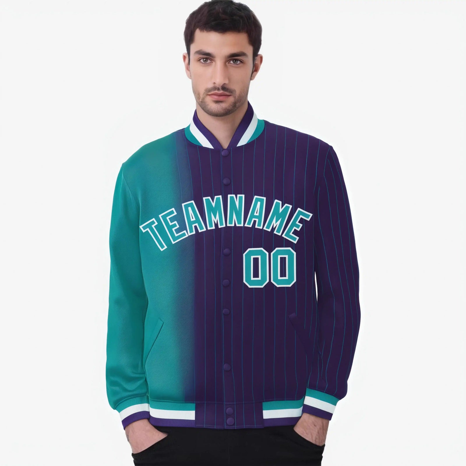 Custom Purple Aqua Pinstripe White-Aqua Gradient Fashion Varsity Full-Snap Jacket