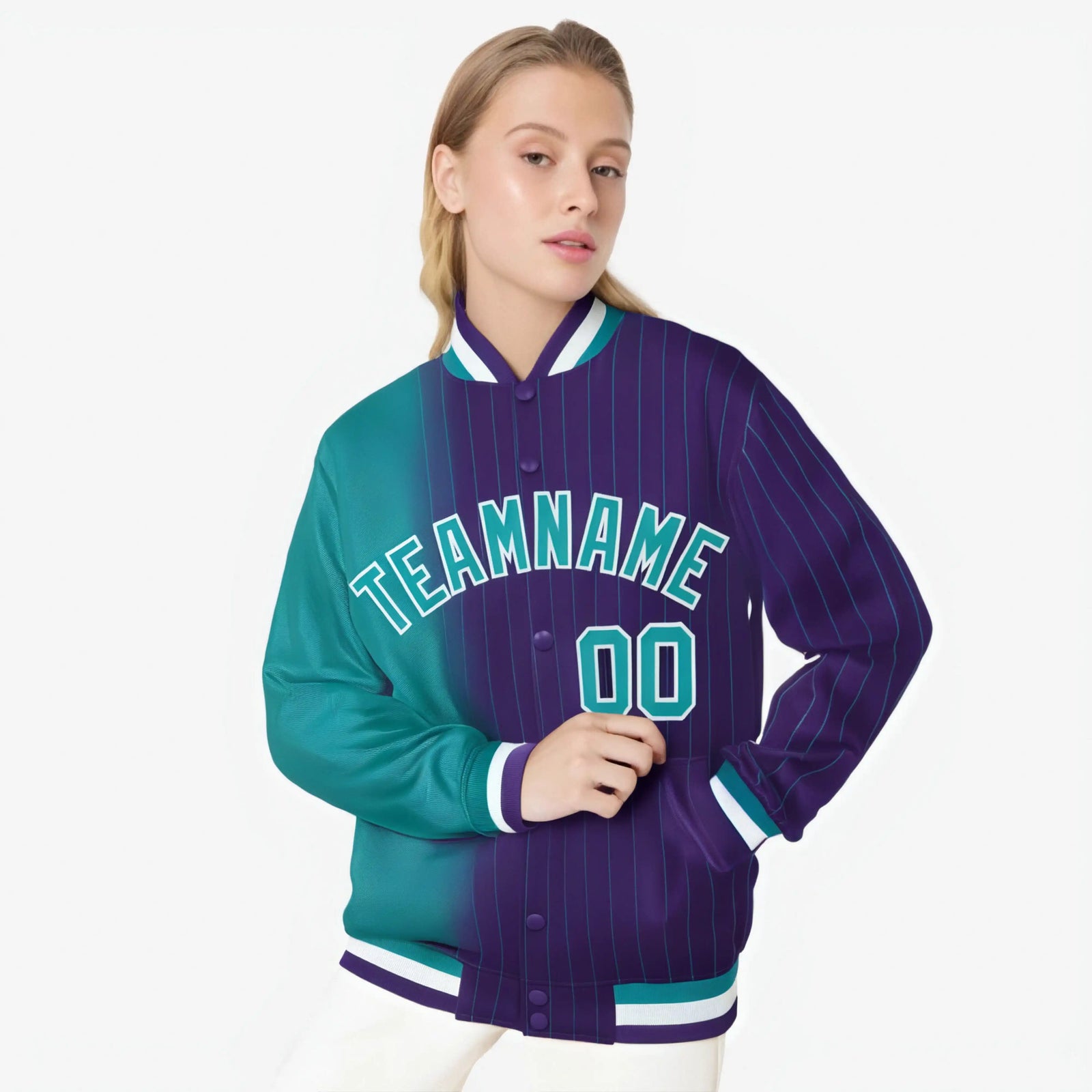 Custom Purple Aqua Pinstripe White-Aqua Gradient Fashion Varsity Full-Snap Jacket