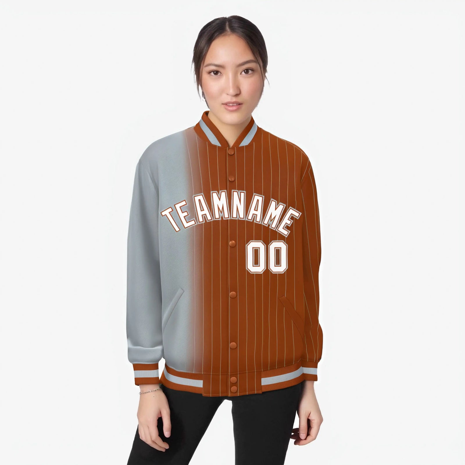 Custom Gray Orange Pinstripe White-Gray Gradient Fashion Varsity Full-Snap Jacket