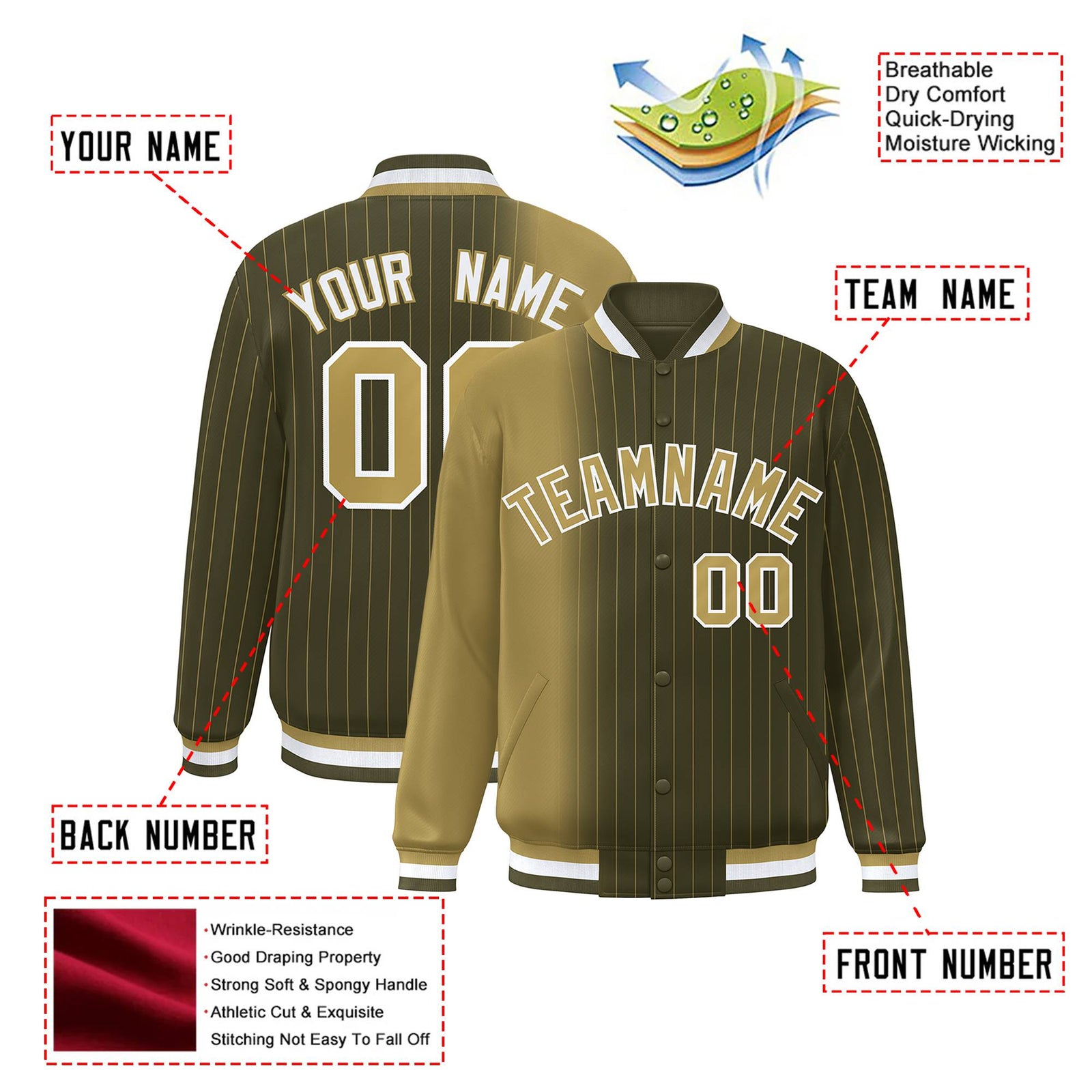 Custom Olive Old Gold Pinstripe White-Old Gold Gradient Fashion Varsity Full-Snap Jacket
