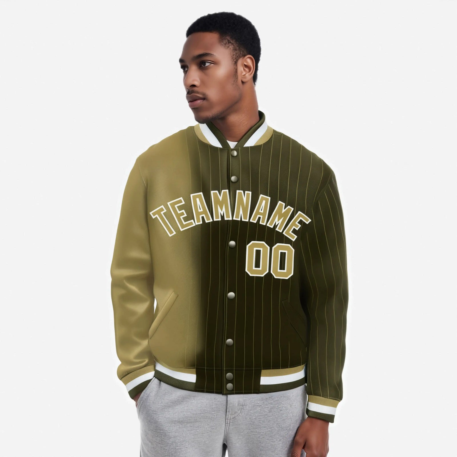 Custom Olive Old Gold Pinstripe White-Old Gold Gradient Fashion Varsity Full-Snap Jacket