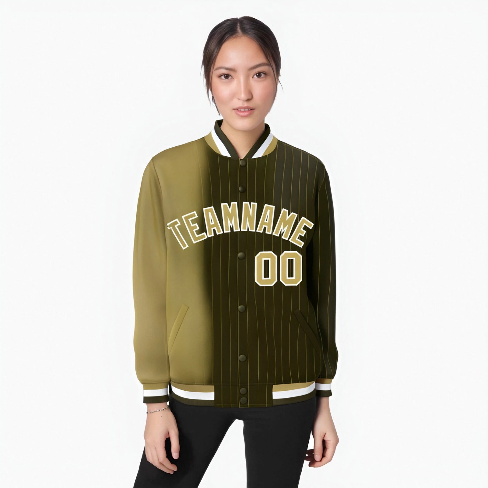 Custom Olive Old Gold Pinstripe White-Old Gold Gradient Fashion Varsity Full-Snap Jacket