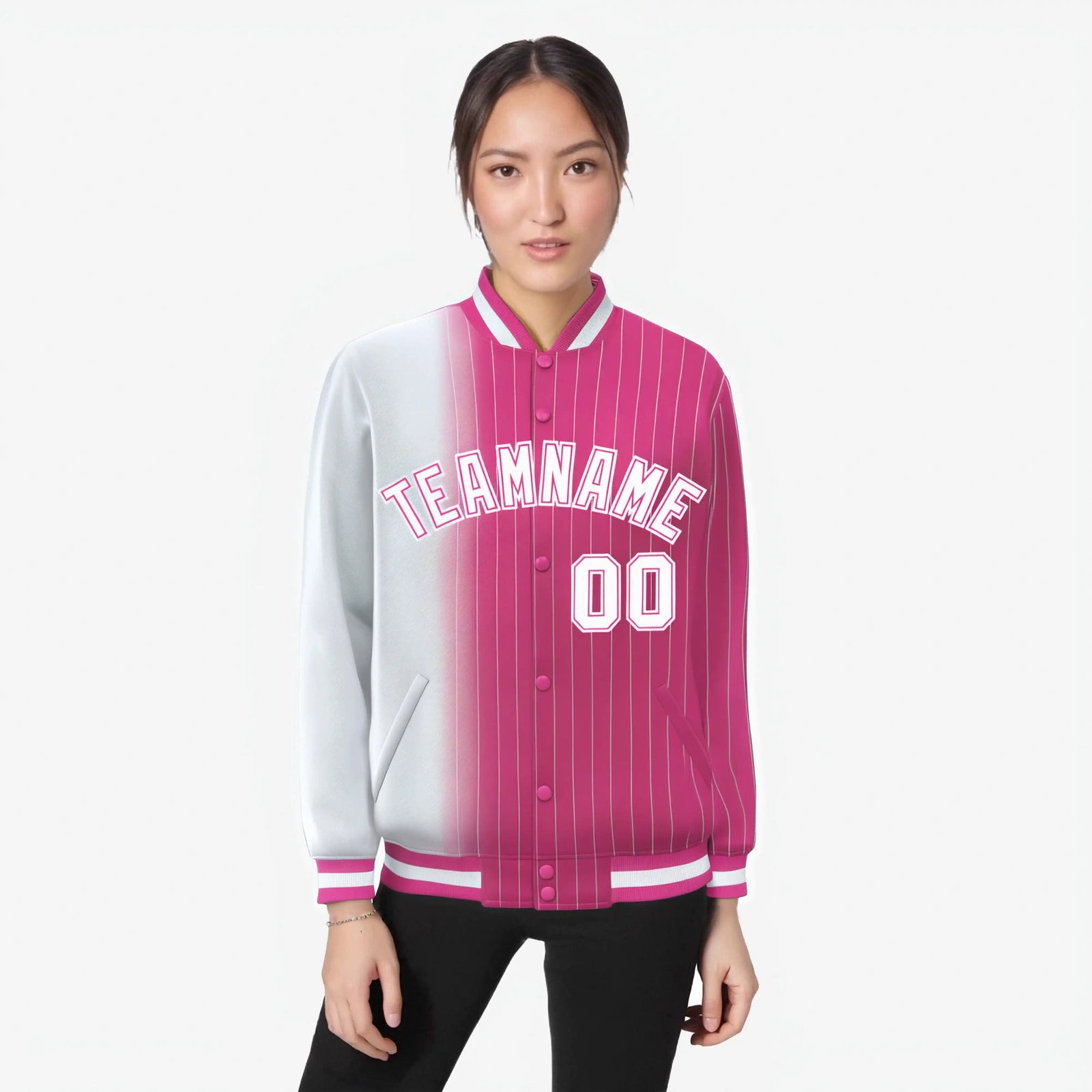 Custom Pink White Pinstripe Pink-White Gradient Fashion Varsity Full-Snap Jacket