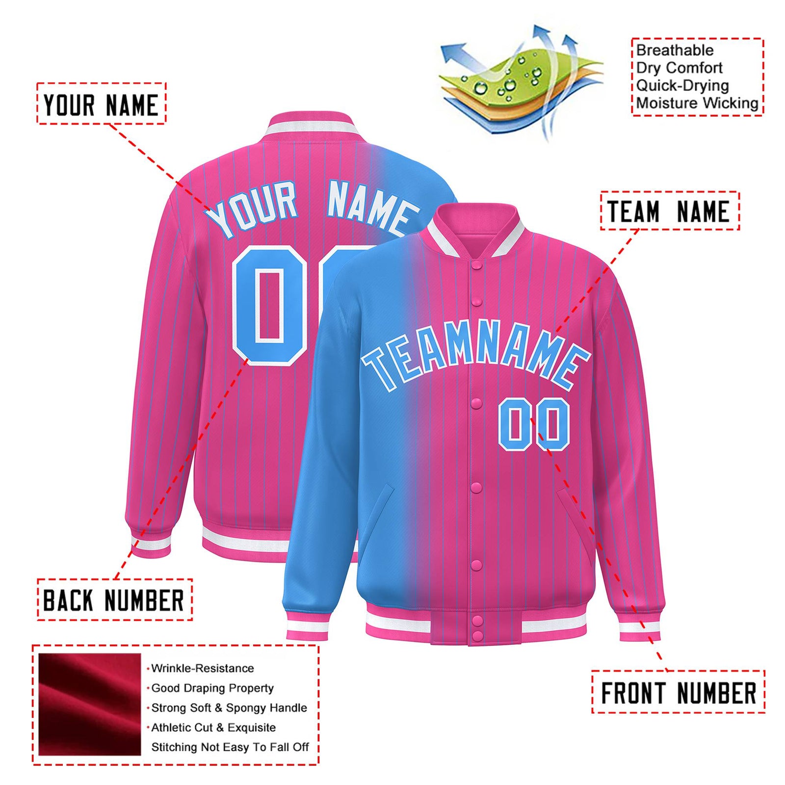 Custom Pink Powder Blue Pinstripe White-Powder Blue Gradient Fashion Varsity Full-Snap Jacket