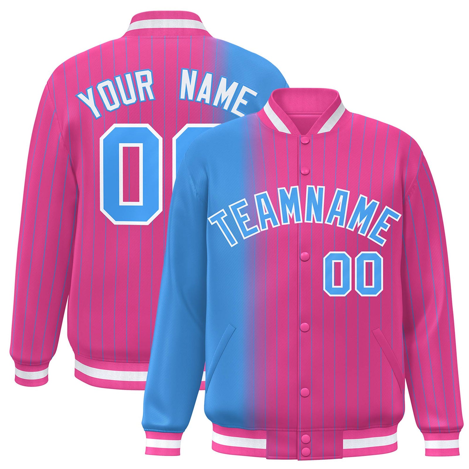 Custom Pink Powder Blue Pinstripe White-Powder Blue Gradient Fashion Varsity Full-Snap Jacket