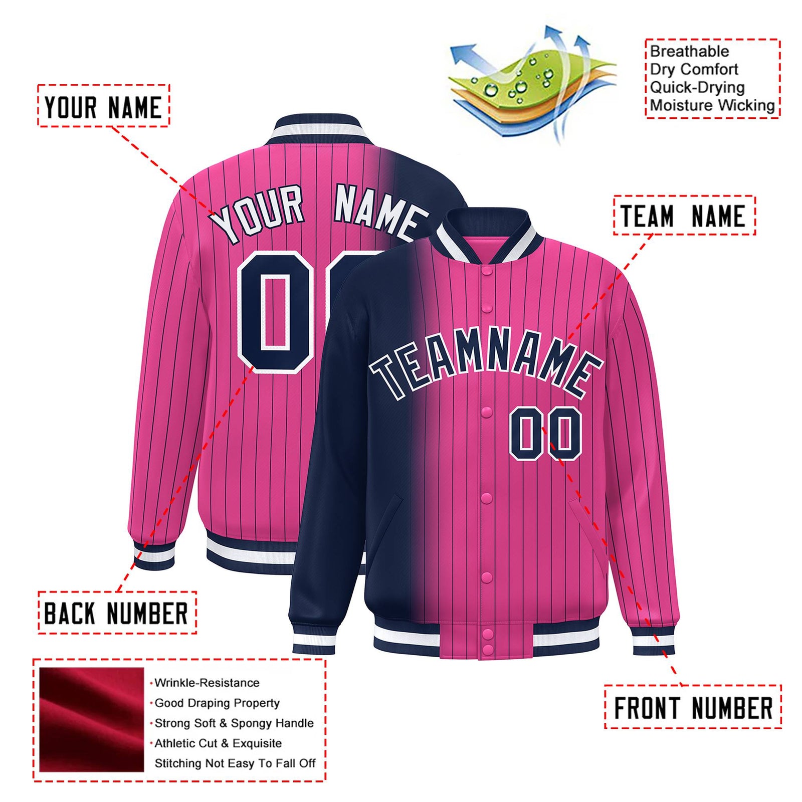 Custom Pink Navy Pinstripe White-Navy Gradient Fashion Varsity Full-Snap Jacket