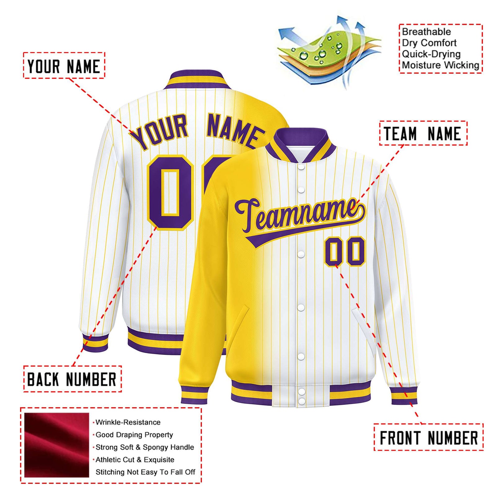 Custom White Gold Pinstripe Purple-Gold Gradient Fashion Varsity Full-Snap Jacket