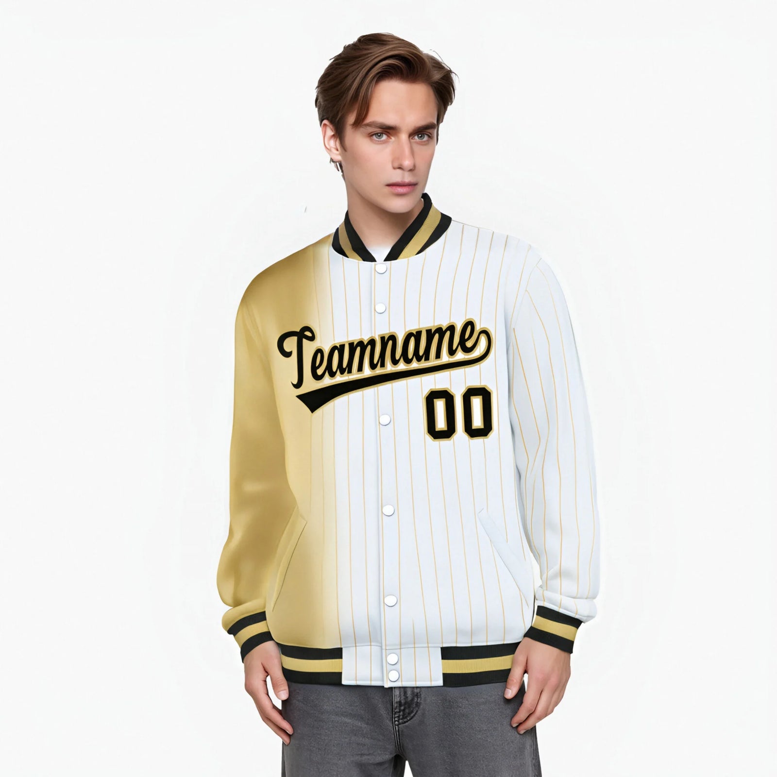 Custom White Khaki Pinstripe Black-Khaki Gradient Fashion Varsity Full-Snap Jacket