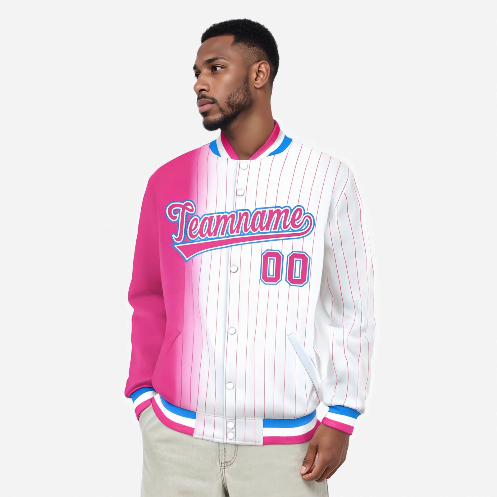Custom White Pink Pinstripe Pink-Powder Blue Gradient Fashion Varsity Full-Snap Jacket
