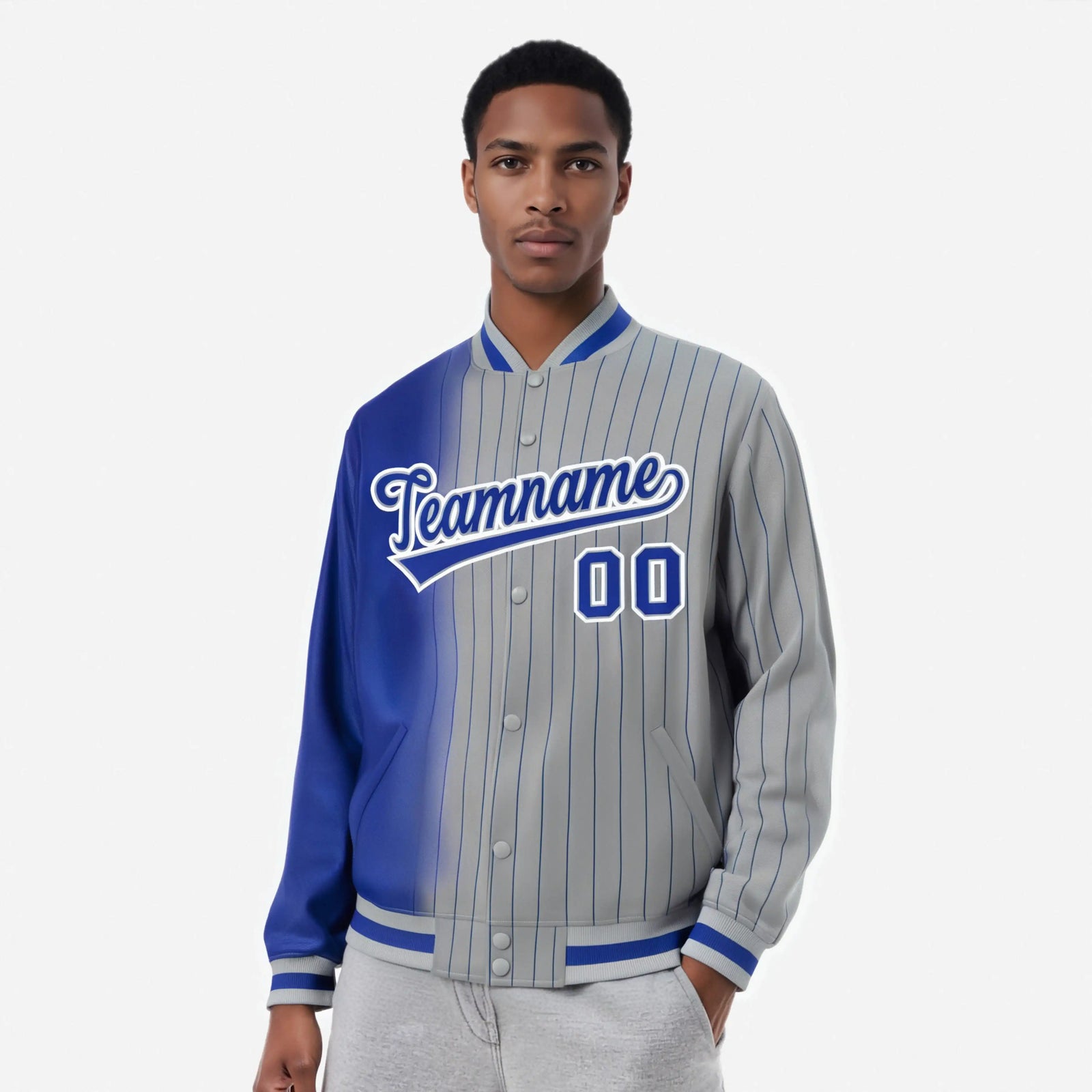 Custom Gray Royal Blue Pinstripe Royal Blue-White Gradient Fashion Varsity Full-Snap Jacket
