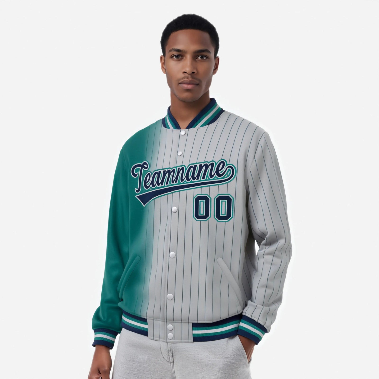 Custom Gray Teal Pinstripe Navy-Teal Gradient Fashion Varsity Full-Snap Jacket