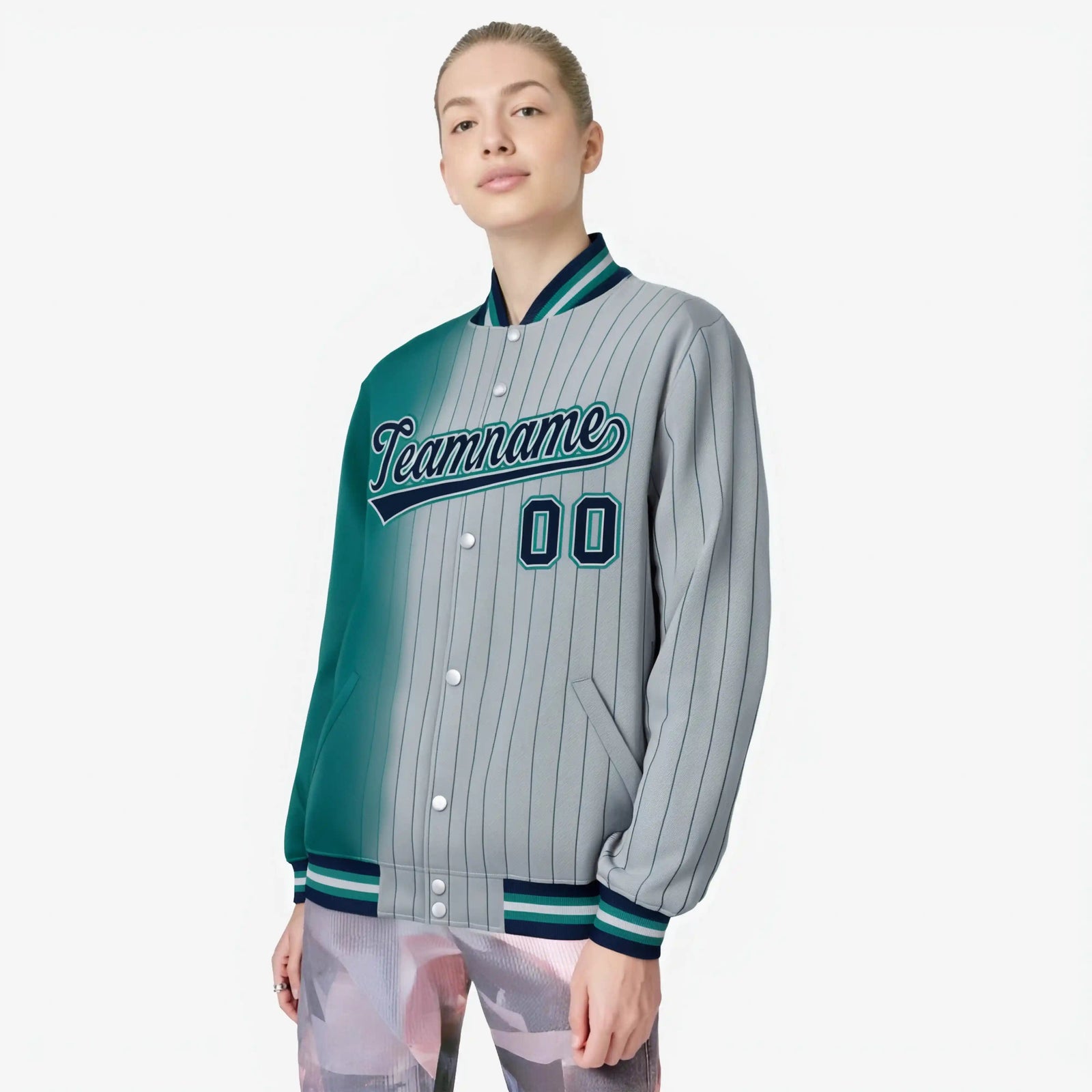 Custom Gray Teal Pinstripe Navy-Teal Gradient Fashion Varsity Full-Snap Jacket