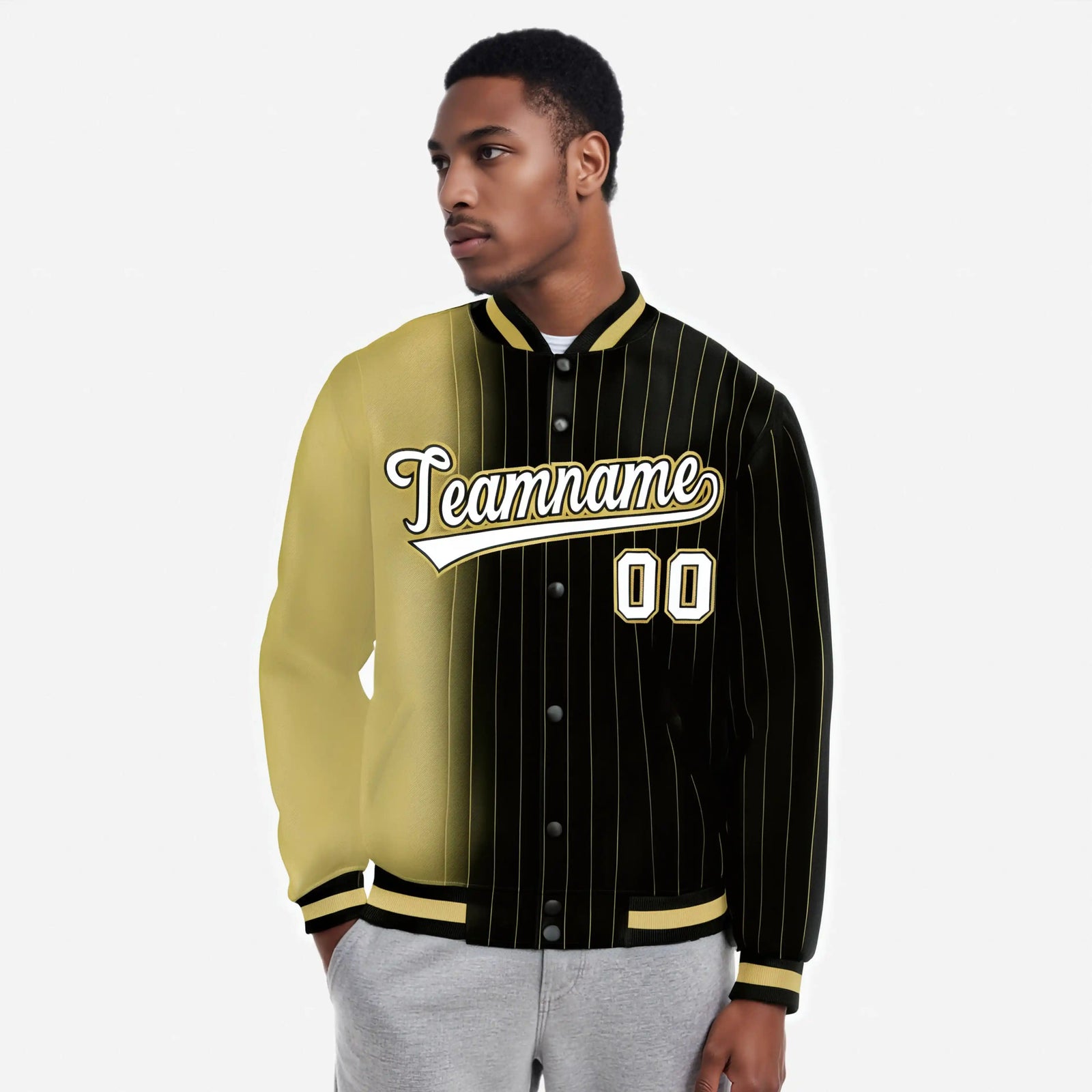 Custom Black Old-Gold Pinstripe White-Old Gold Gradient Fashion Varsity Full-Snap Jacket