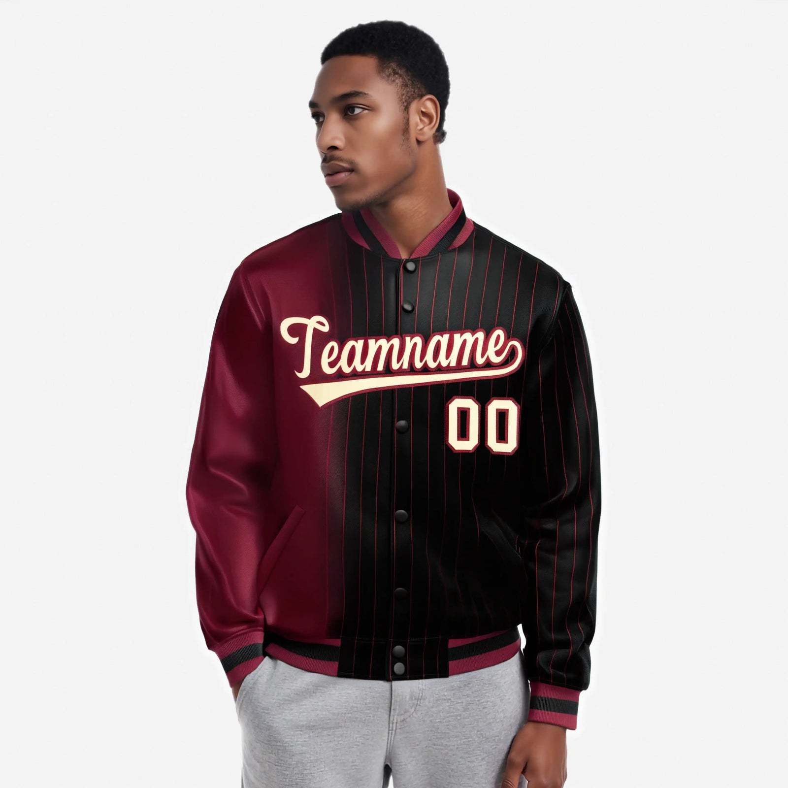 Custom Black Crimson Pinstripe Old Gold-Crimson Gradient Fashion Varsity Full-Snap Jacket