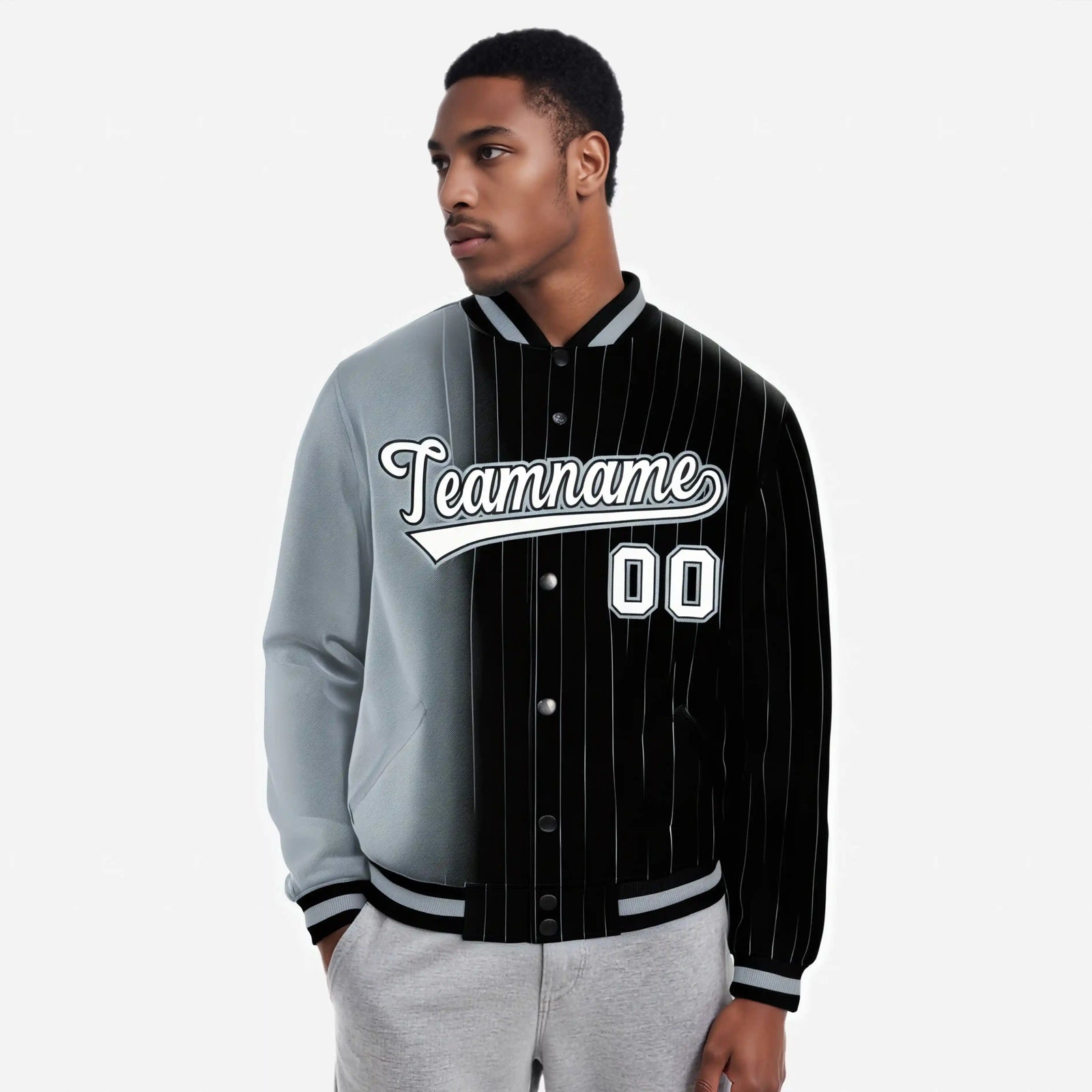 Custom Black Gray Pinstripe White-Gray Gradient Fashion Varsity Full-Snap Jacket