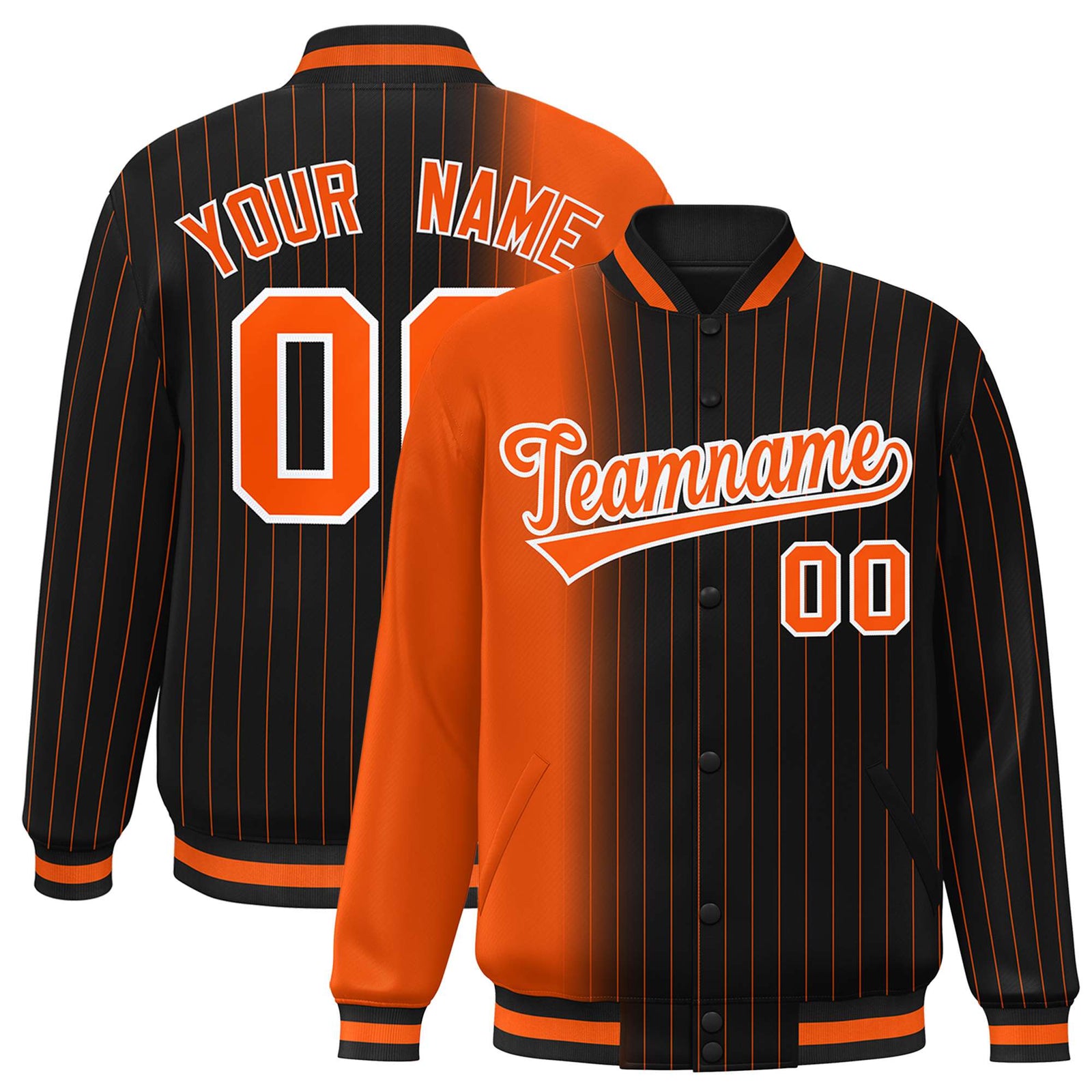 Custom Black Orange Pinstripe Orange-White Gradient Fashion Varsity Full-Snap Jacket