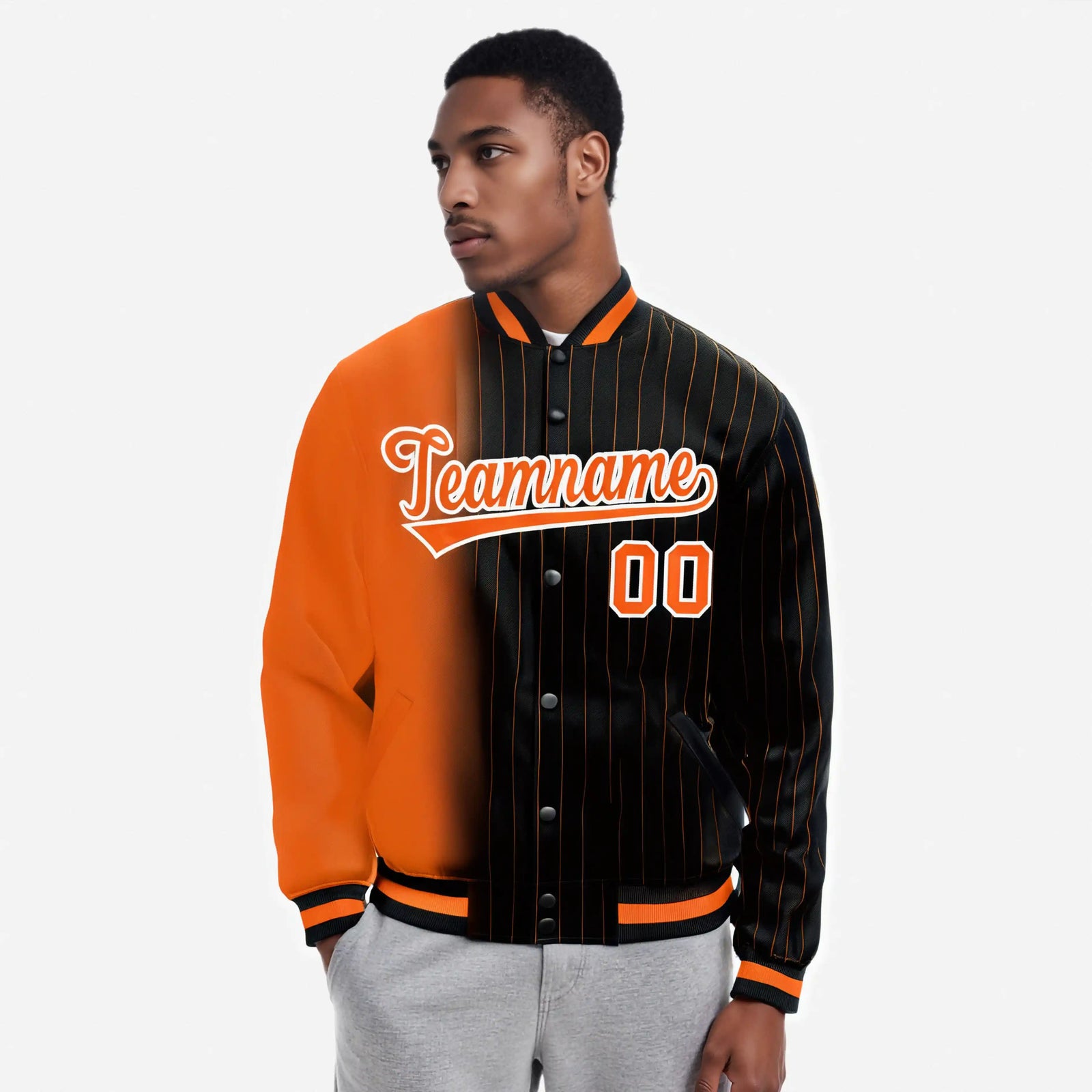 Custom Black Orange Pinstripe Orange-White Gradient Fashion Varsity Full-Snap Jacket
