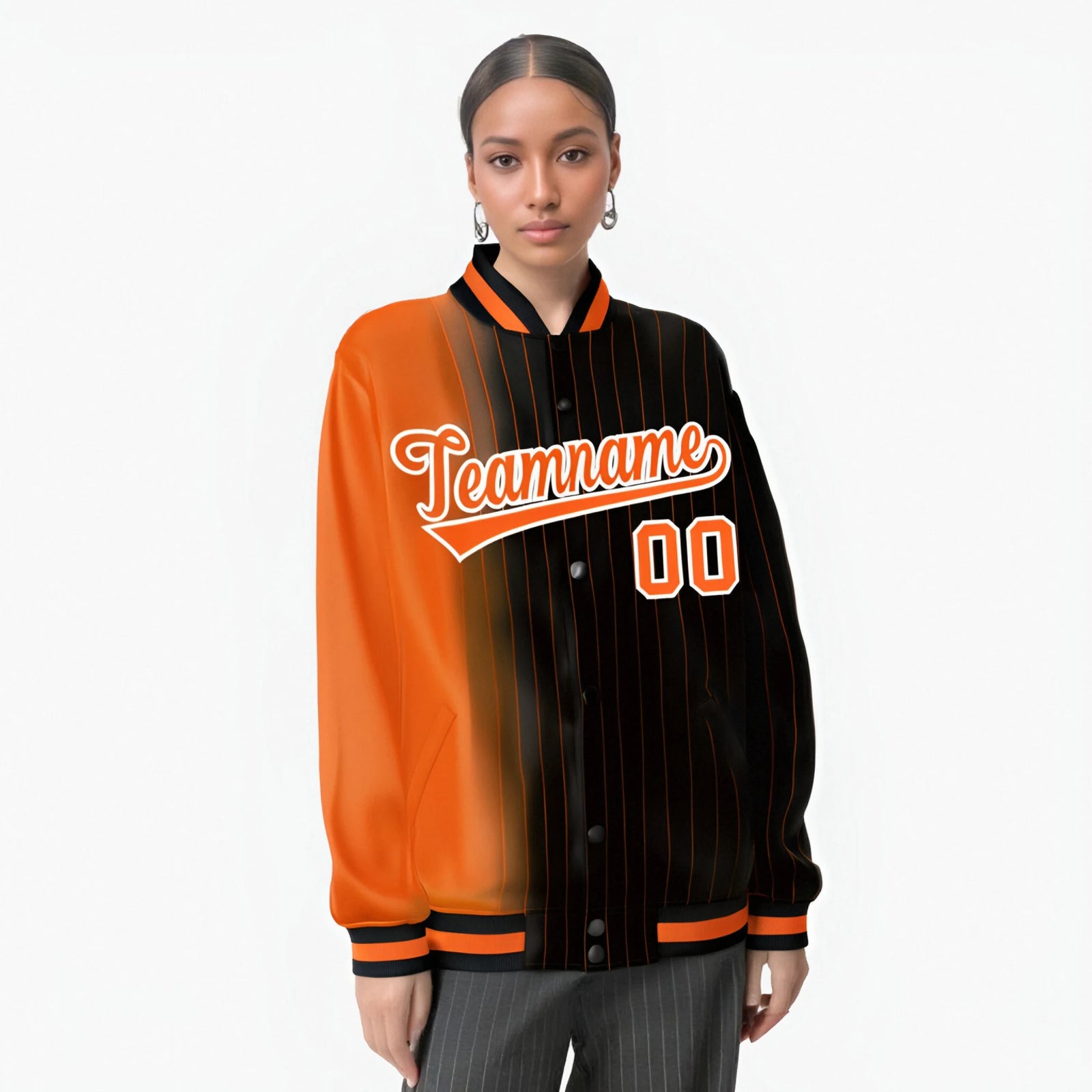 Custom Black Orange Pinstripe Orange-White Gradient Fashion Varsity Full-Snap Jacket