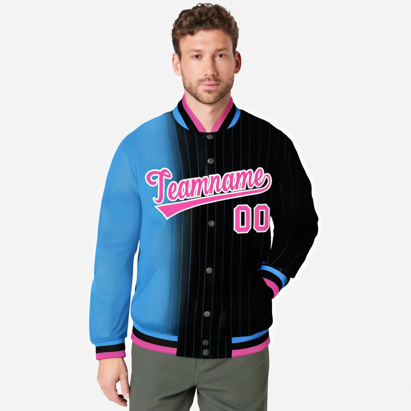 Custom Black Powder Blue Pinstripe Pink-Powder Blue Gradient Fashion Varsity Full-Snap Jacket