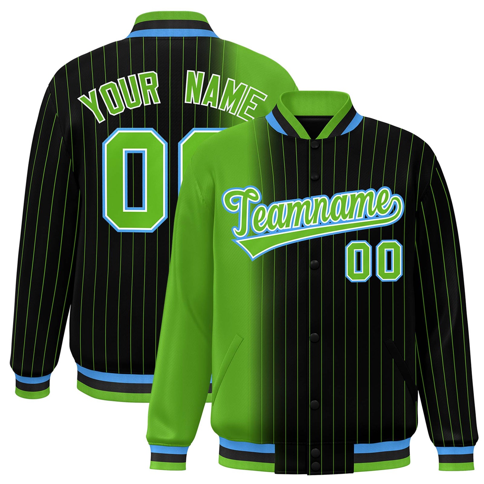 Custom Black Neon Green Pinstripe Powder Blue-Neon Green Gradient Fashion Varsity Full-Snap Jacket