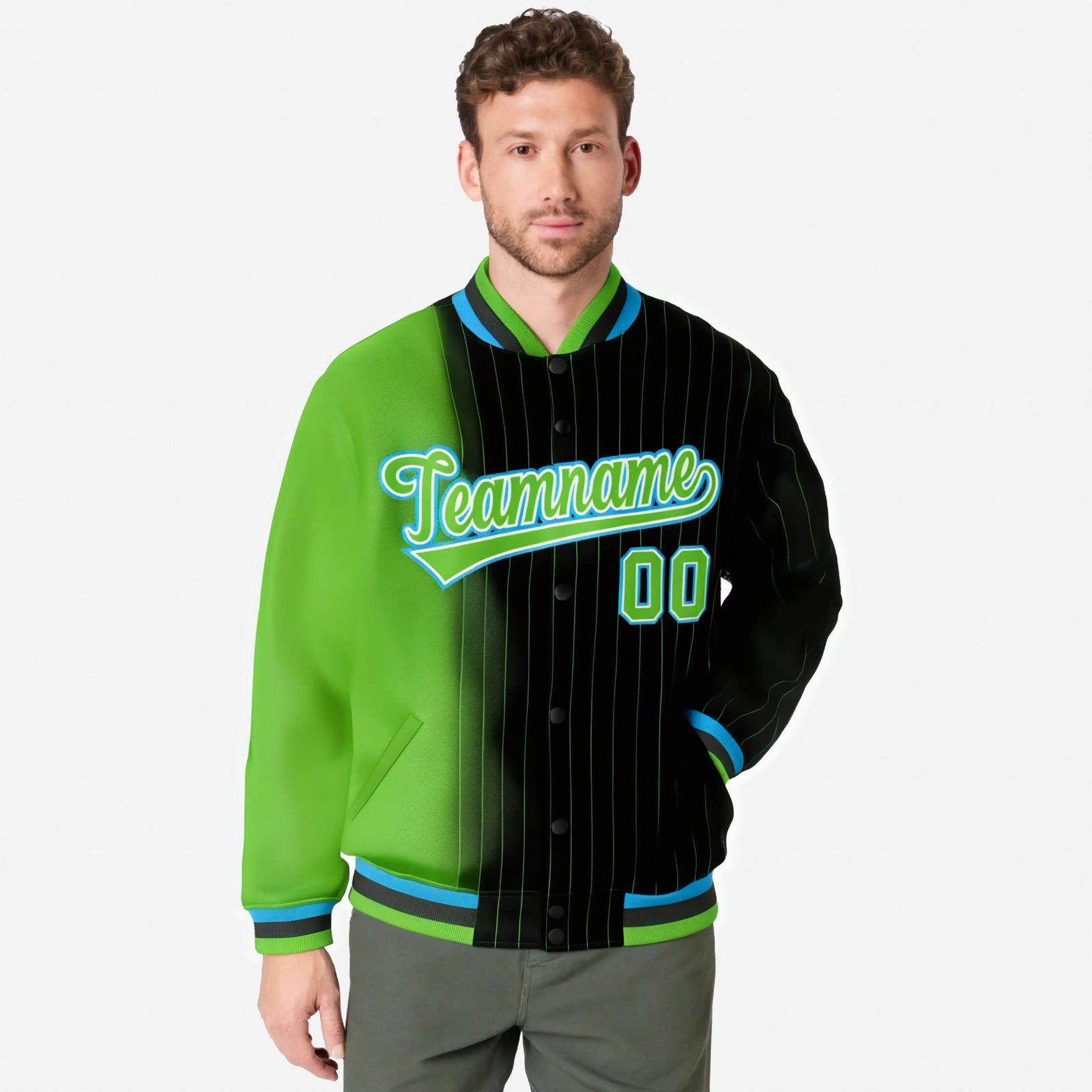 Custom Black Neon Green Pinstripe Powder Blue-Neon Green Gradient Fashion Varsity Full-Snap Jacket