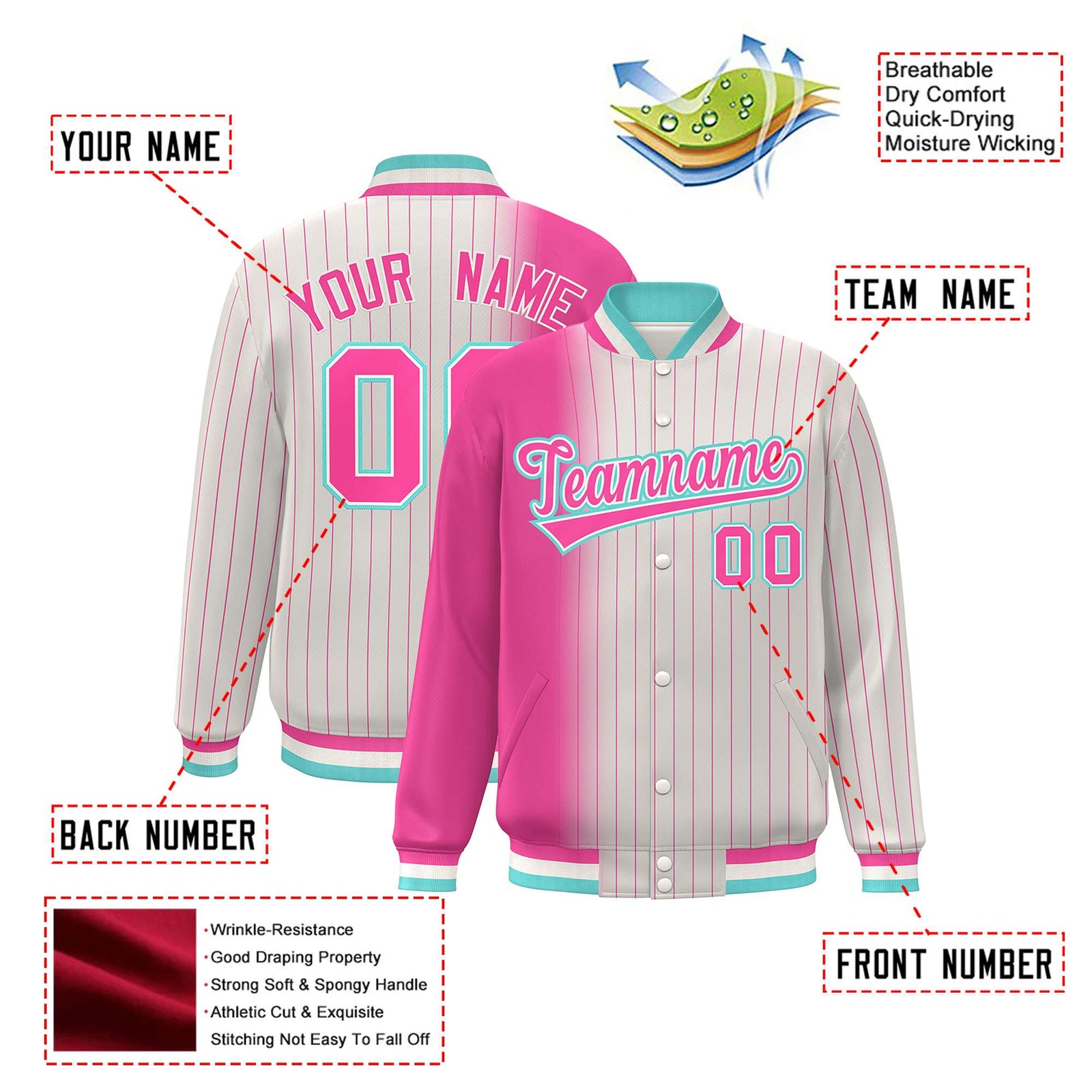 Custom Cream Pink Pinstripe Aqua-Pink Gradient Fashion Varsity Full-Snap Jacket