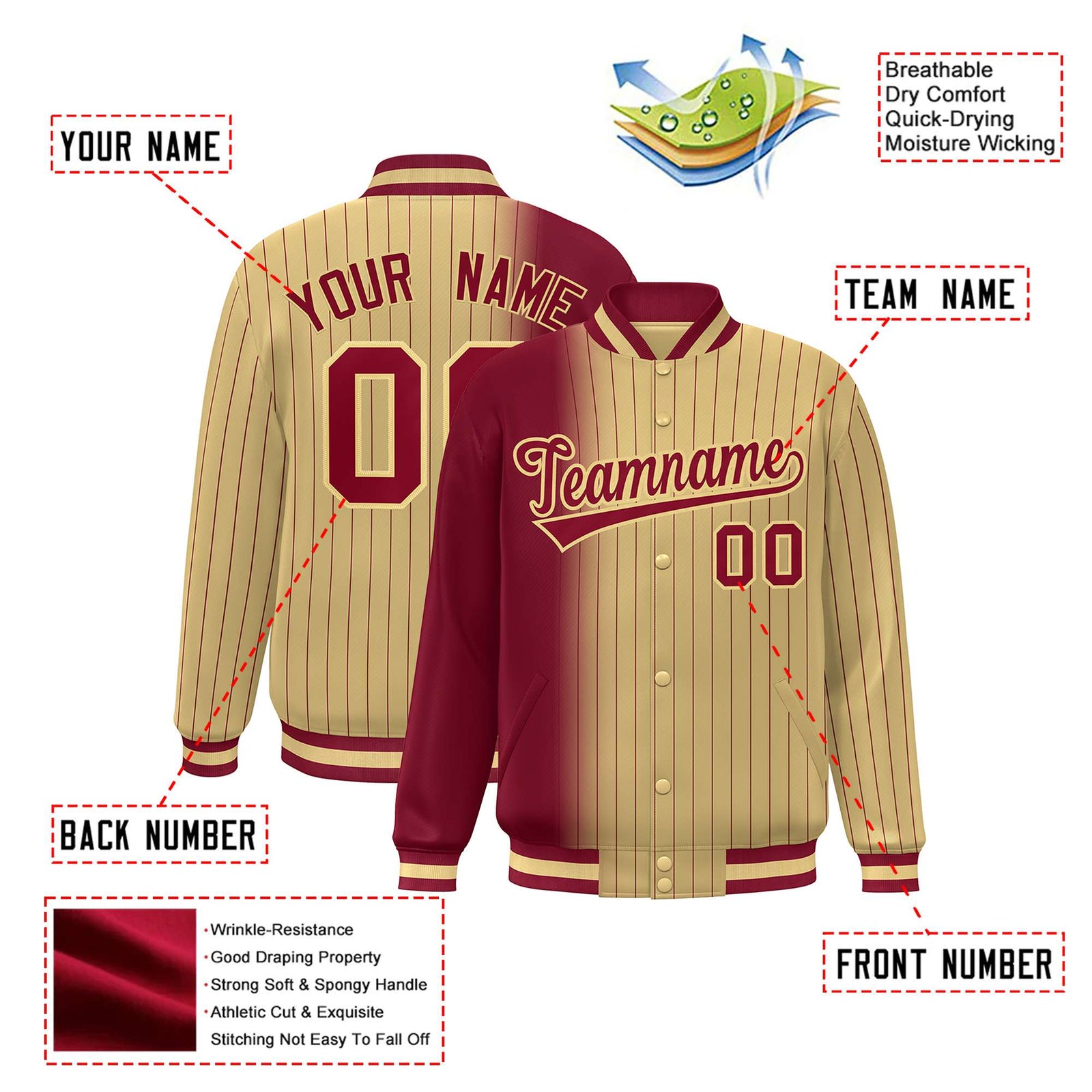 Custom Old Gold Crimson Pinstripe Old Gold-Crimson Gradient Fashion Varsity Full-Snap Jacket