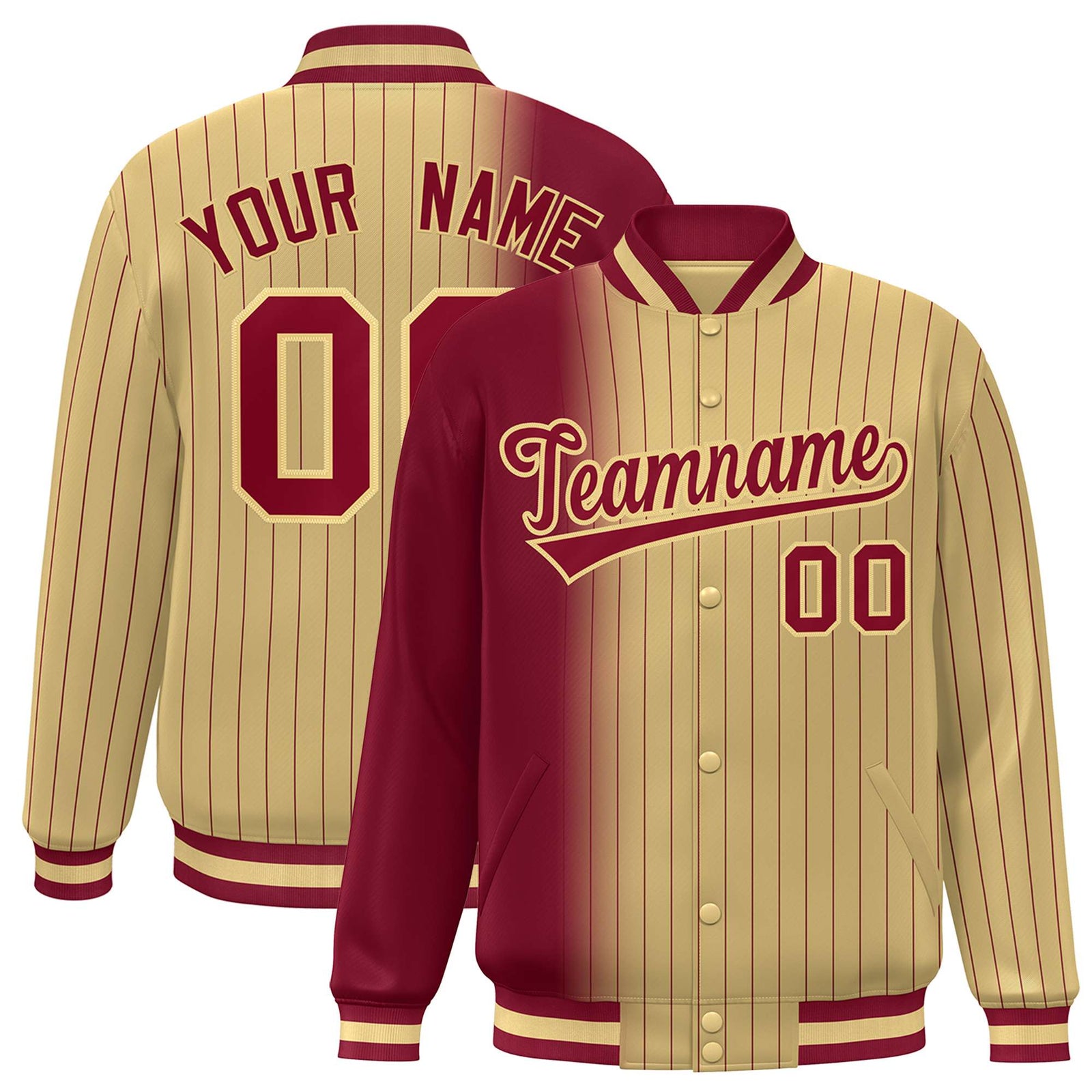Custom Old Gold Crimson Pinstripe Old Gold-Crimson Gradient Fashion Varsity Full-Snap Jacket