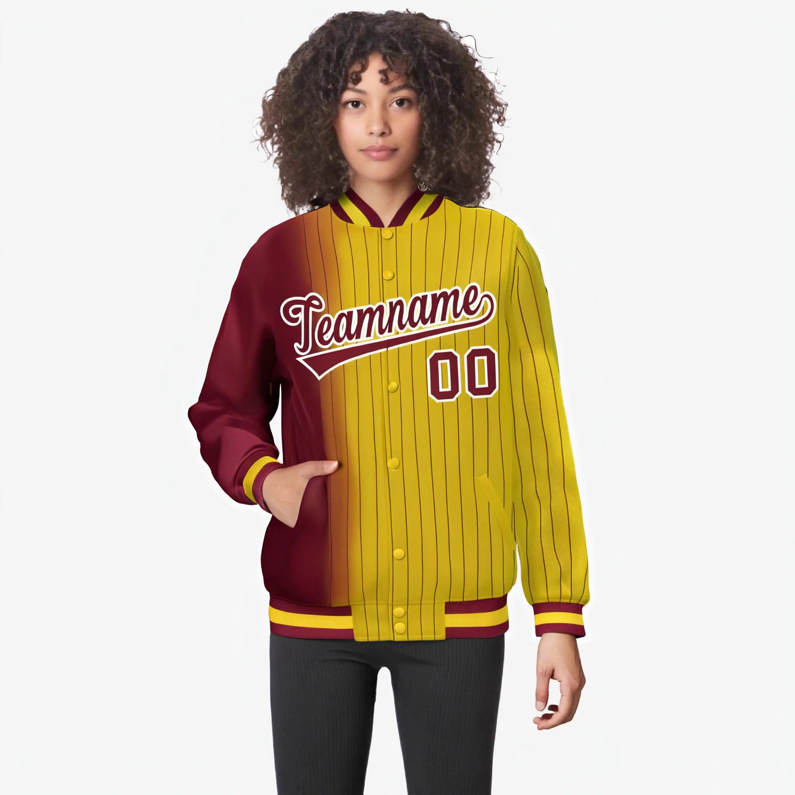 Custom Gold Crimson Pinstripe White-Crimson Gradient Fashion Varsity Full-Snap Jacket